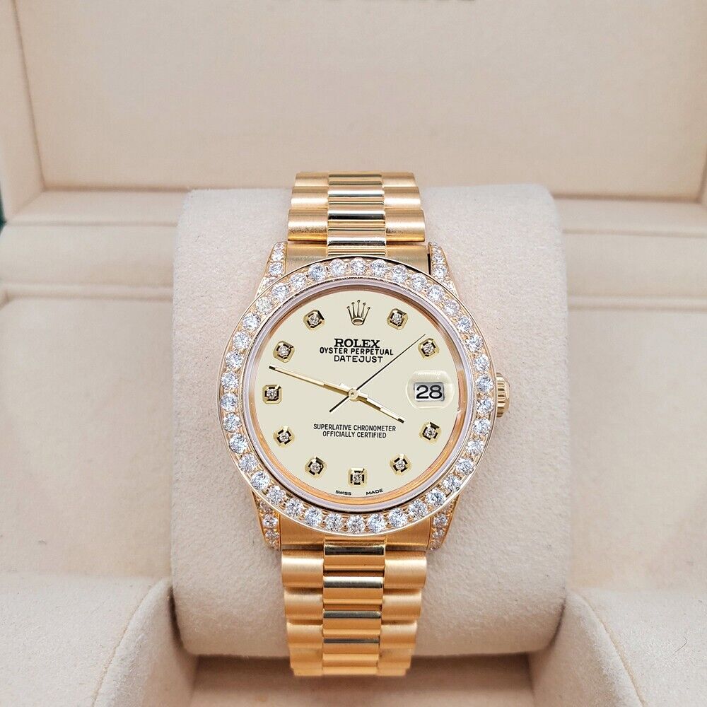 Rolex President Datejust  Diamond Bezel/Lugs/Satin Linen Gold Watch