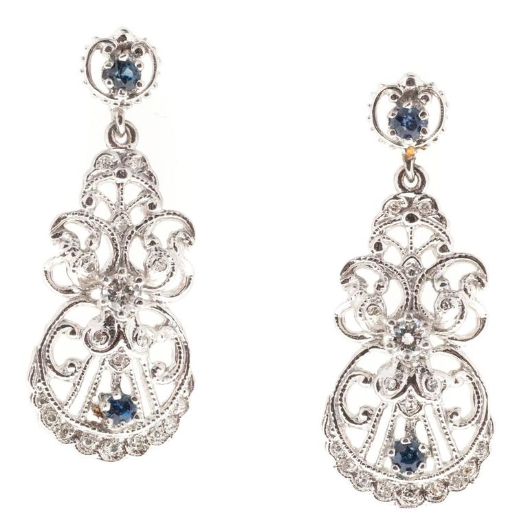Platinum with Sapphire  Diamond Dangle Earrings
