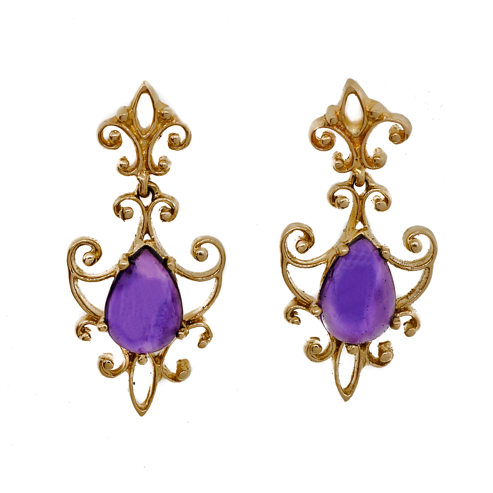 14K Yellow Gold 3.30ct Cabochon Pear Amethyst Dangle Earrings