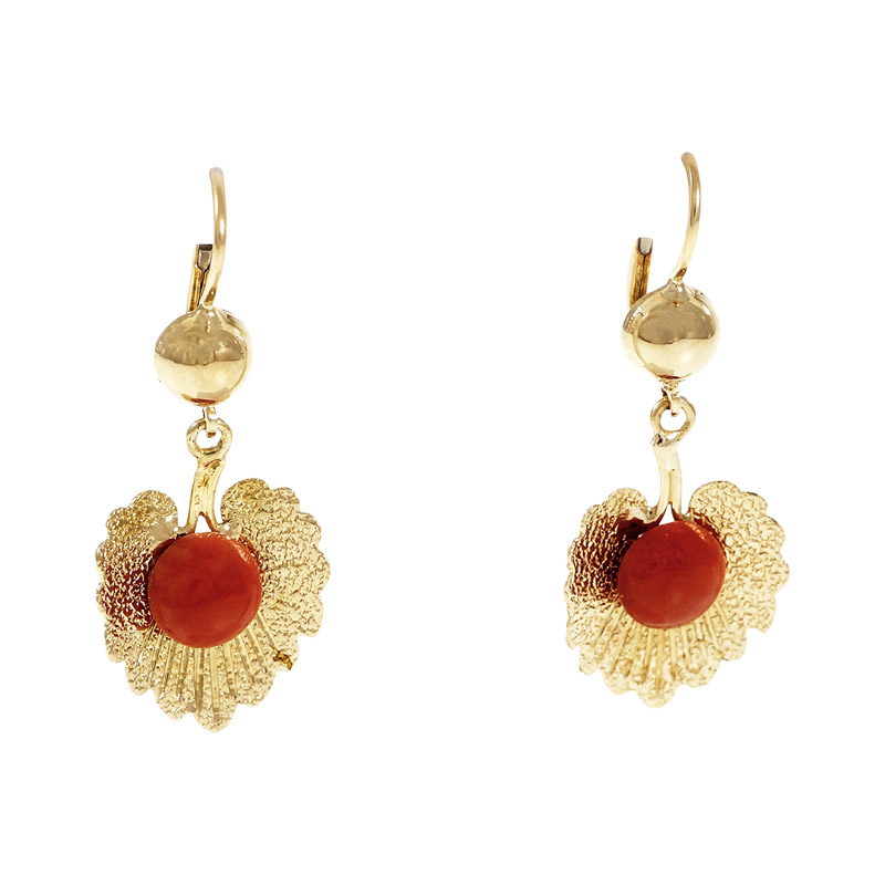 18K Yellow Gold Orange Red Coral Dangle Earrings 