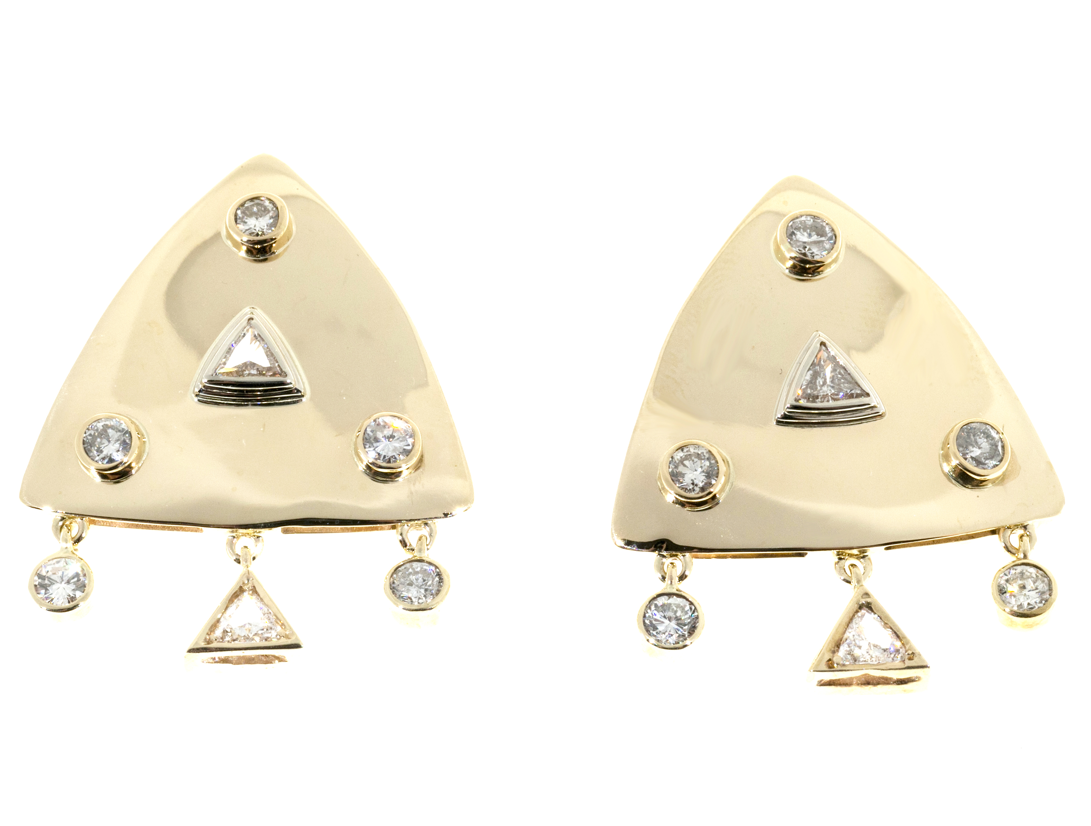 Vintage 14K Yellow Gold  1.65ct Mixed Diamond Triangular Pierced Earrings
