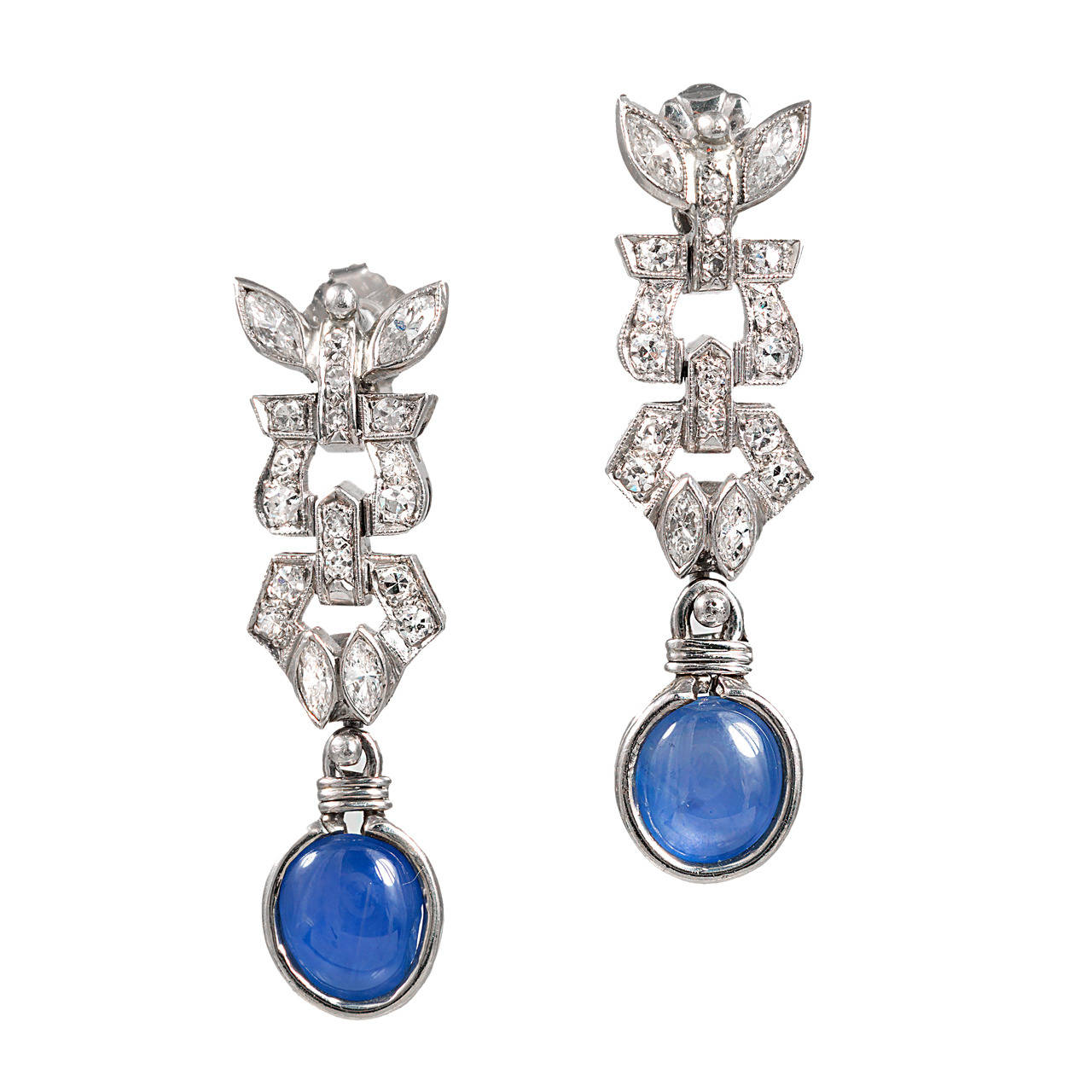 Art Deco Platinum 4.75ct Sapphire  Diamond Pierced Earrings