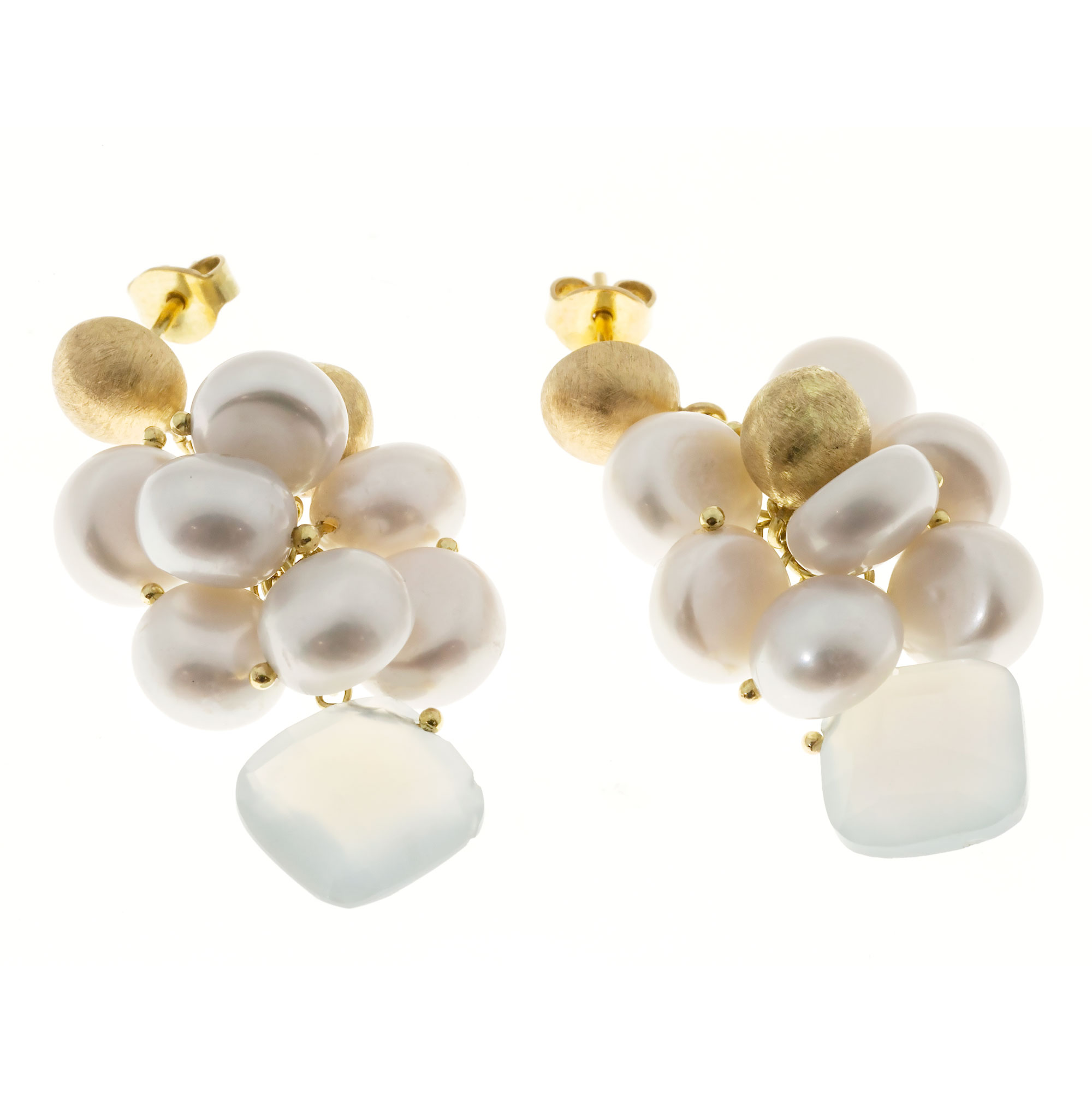 18K Yellow Gold Freshwater Pearl  Blue Calcedony Dangle Earrings