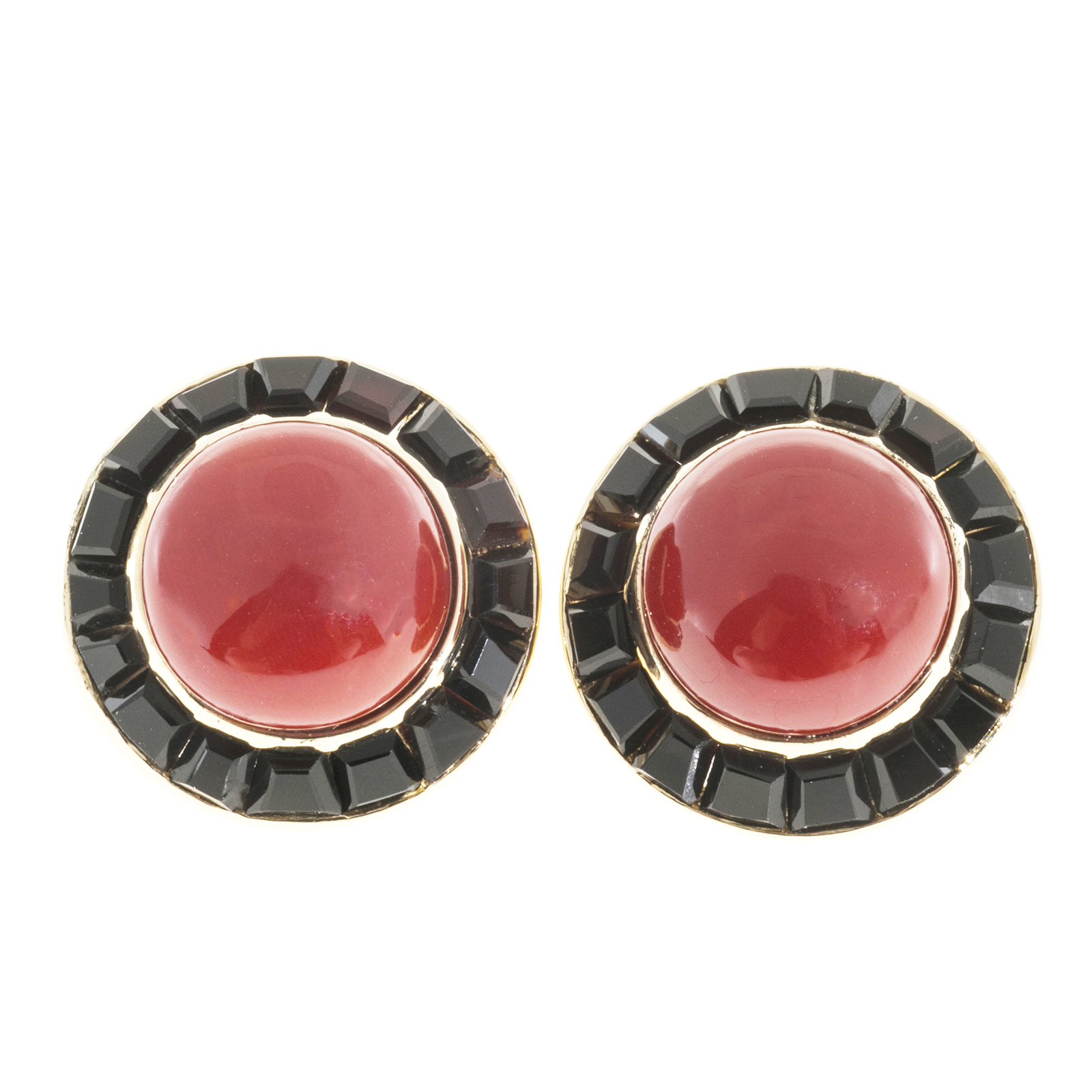 18K Yellow Gold Red Coral  Black Onyx Earrings