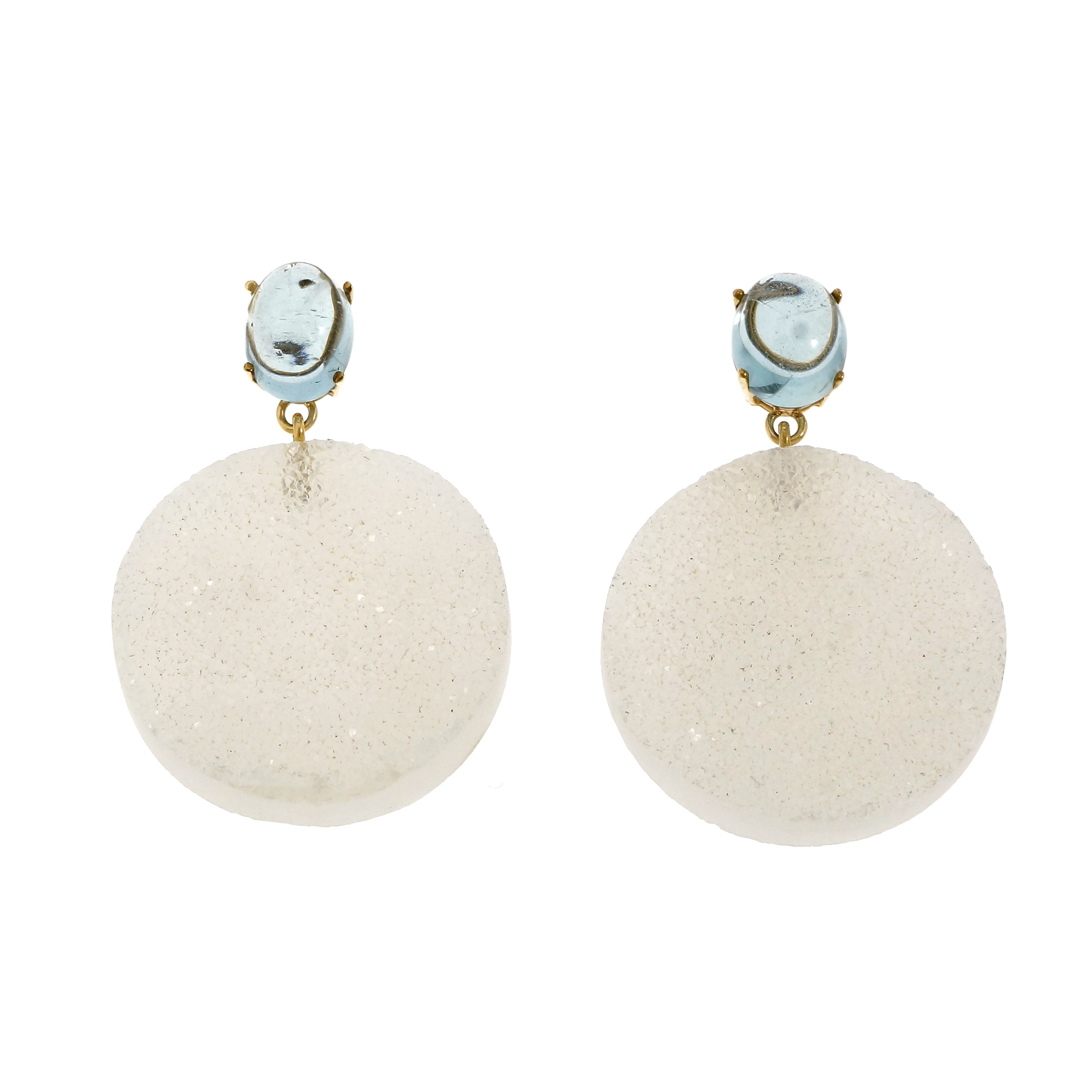 14K Yellow Gold Aquamarine Quartz Druzy Dangle Earrings 