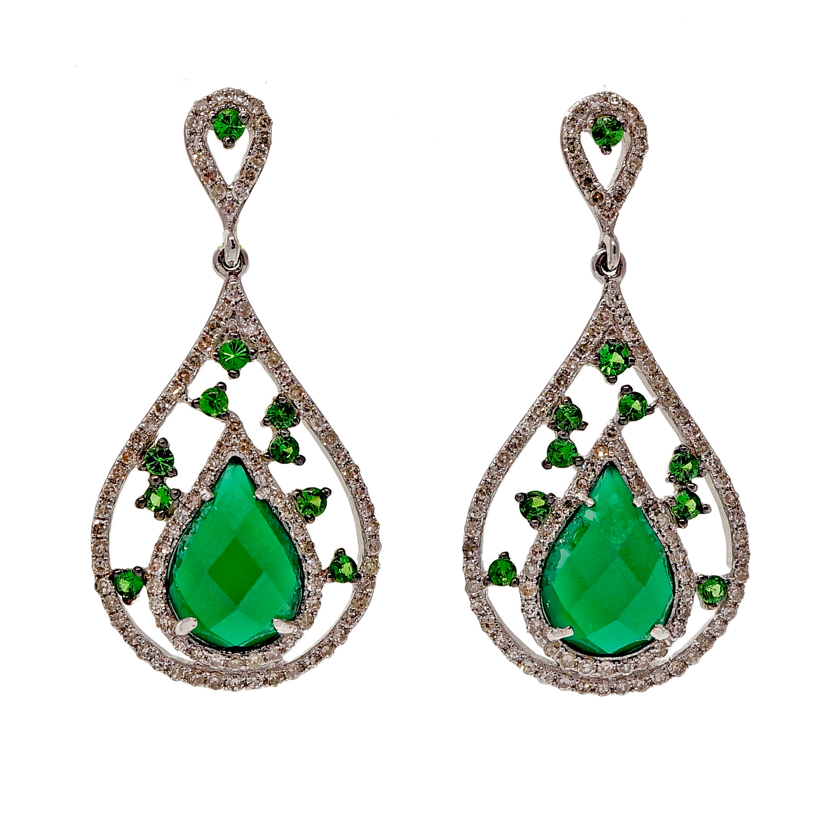 Divani 14K White Gold Green Agate, Tsavorite Garnet  Diamond Dangle Earrings
