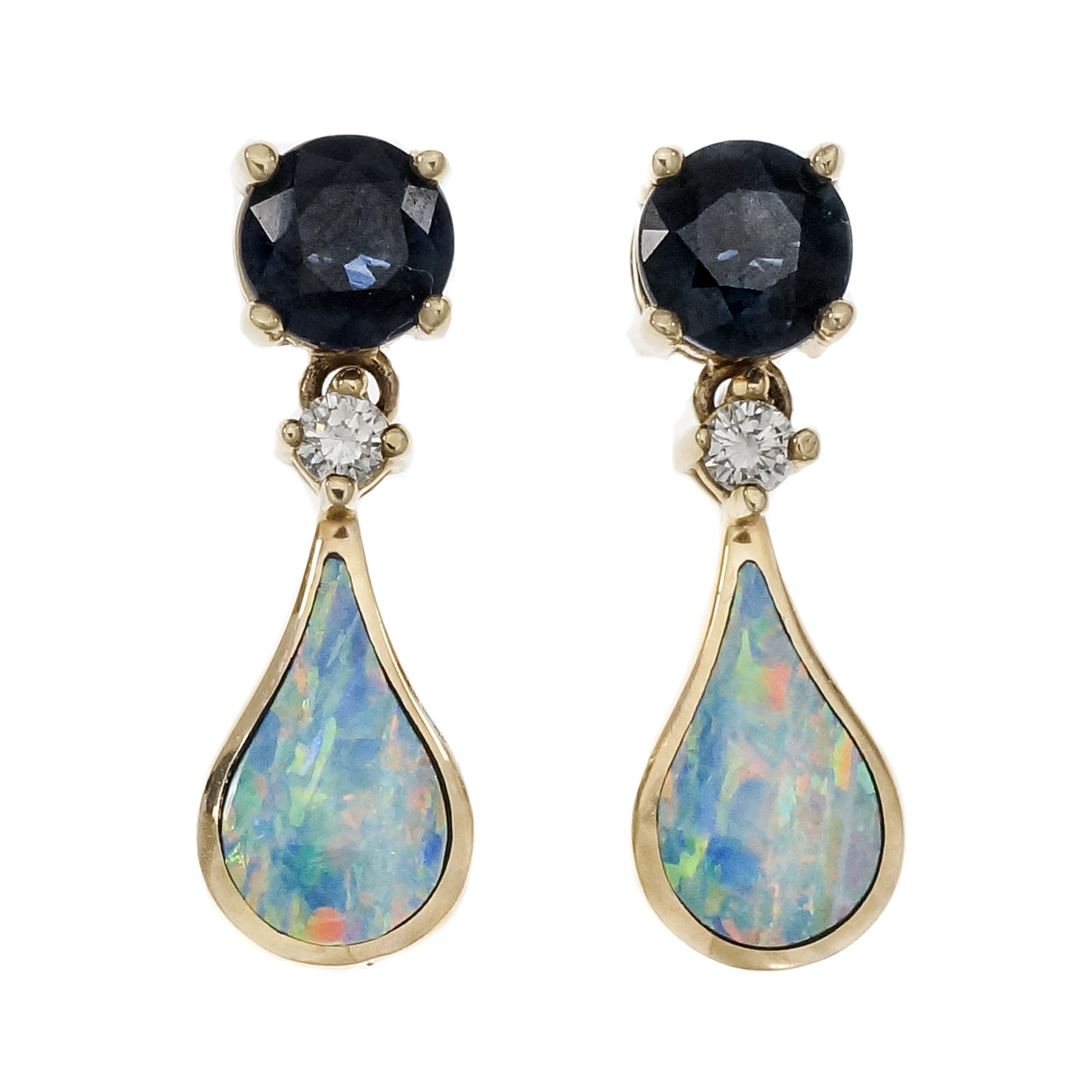 Kabana 14K Yellow Gold Opal Sapphire Dangle Earrings 