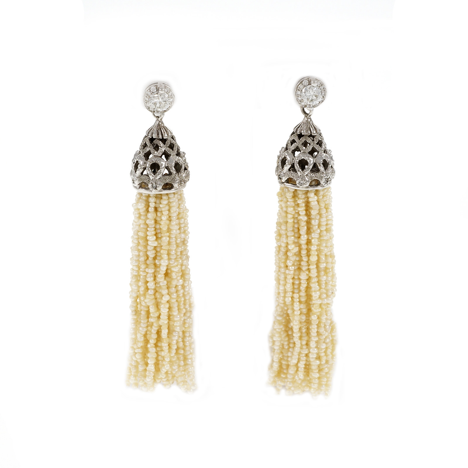 14K White Gold Diamonds  Seed Pearl Tassel Dangle Earrings