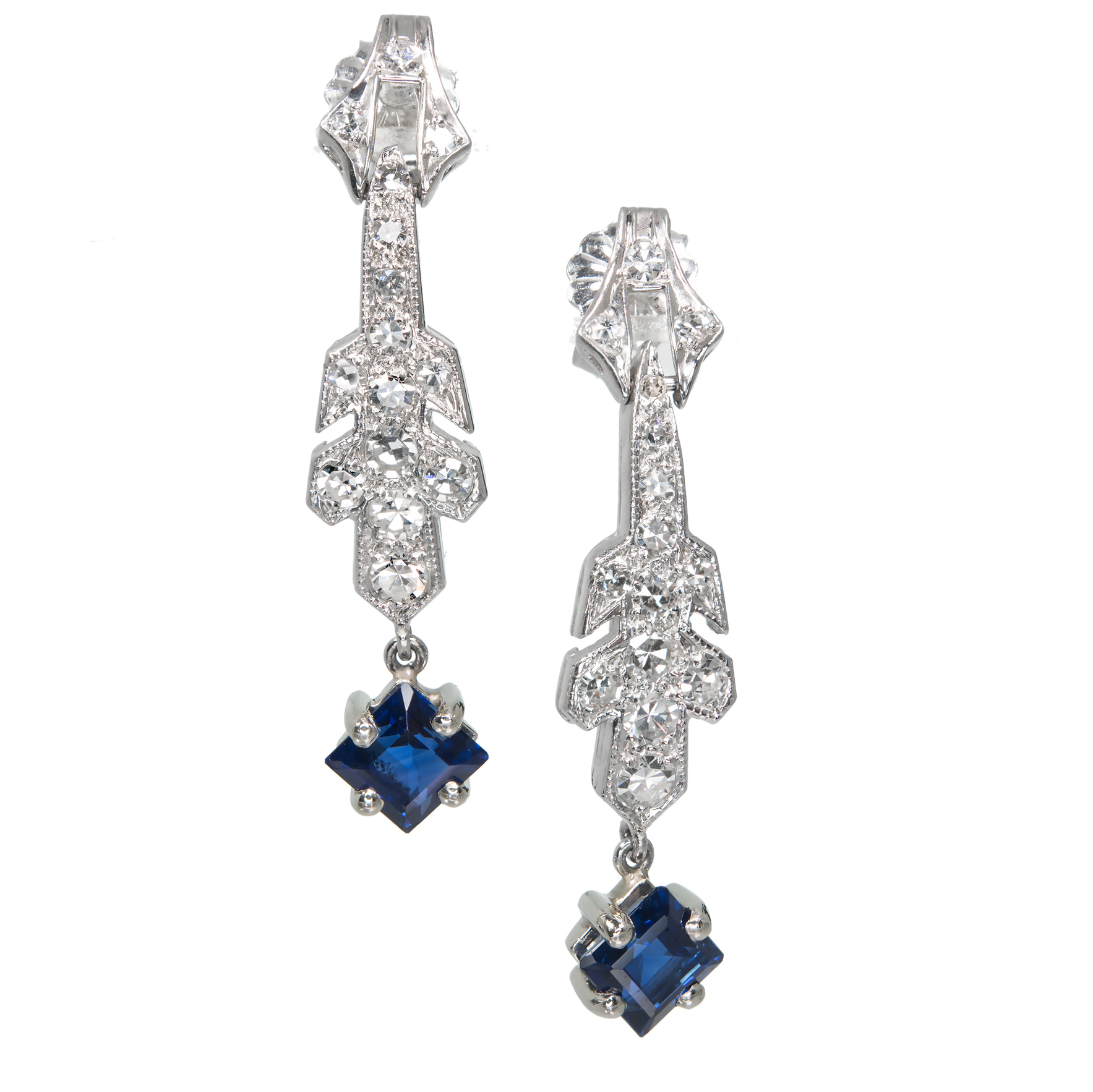 Platinum Art Deco Sapphire Dangle Diamond Earrings 