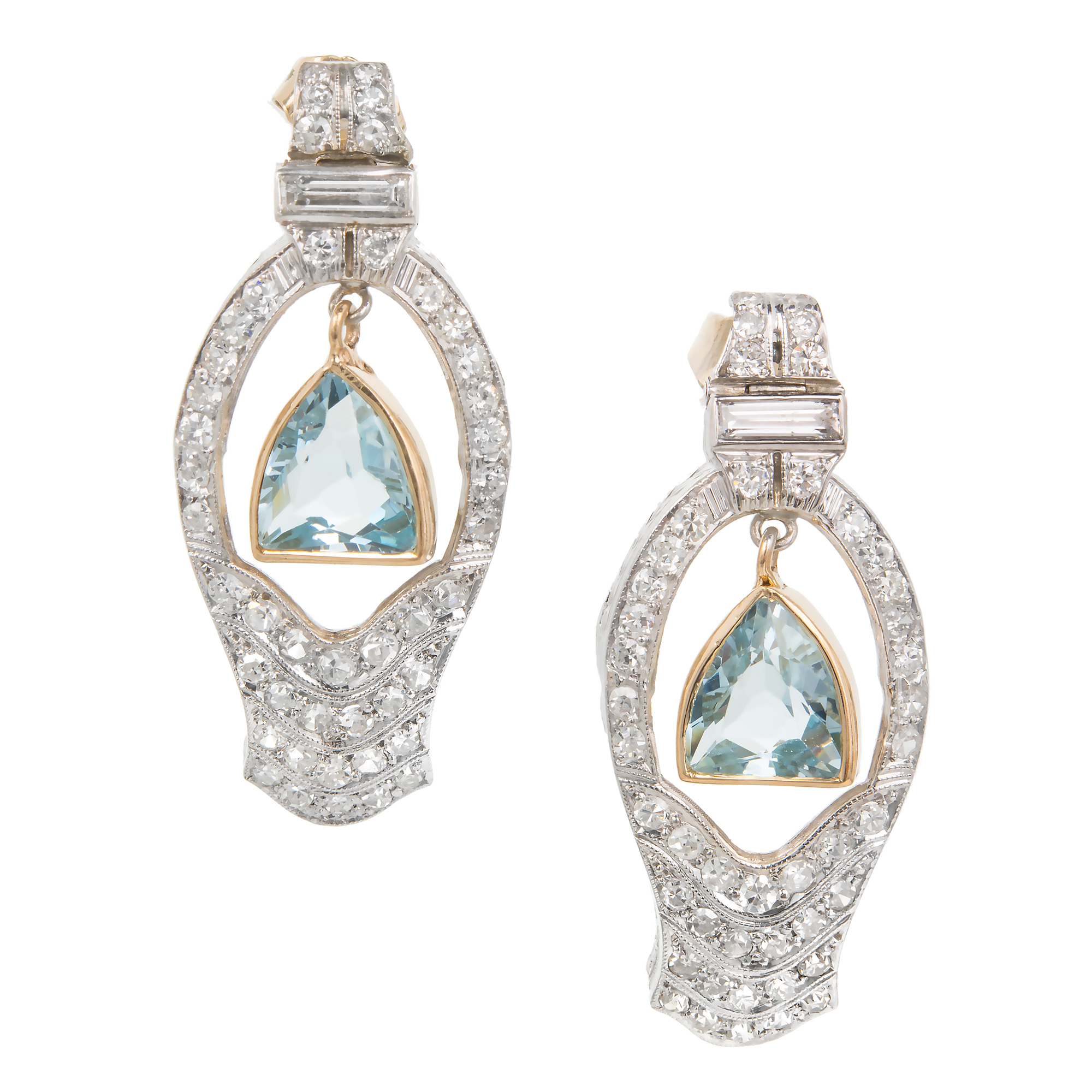 Platinum and 14K Yellow Gold Aquamarine and Diamonds Dangle Earrings 