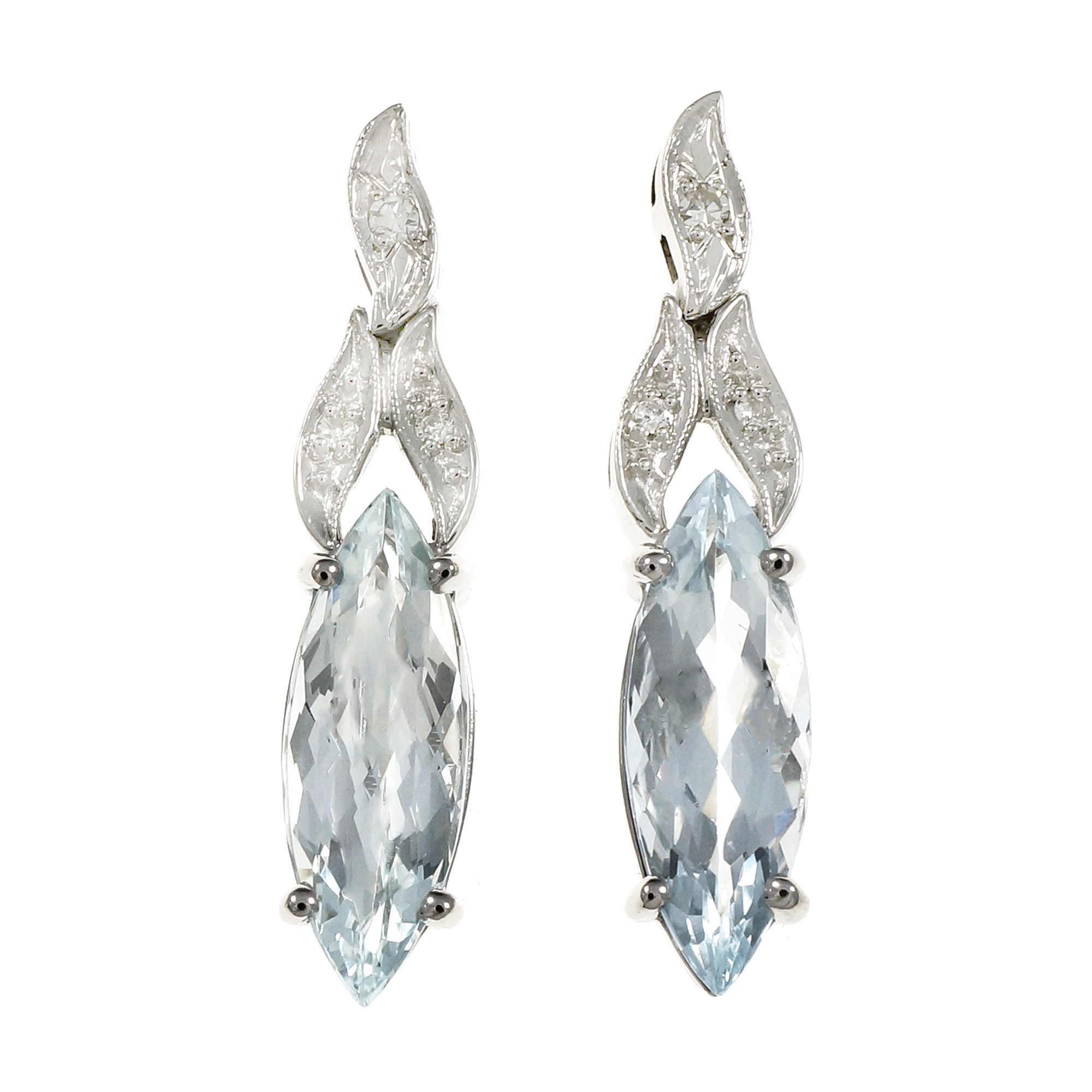 14K White Gold Diamond Aquamarine Dangle Earrings 
