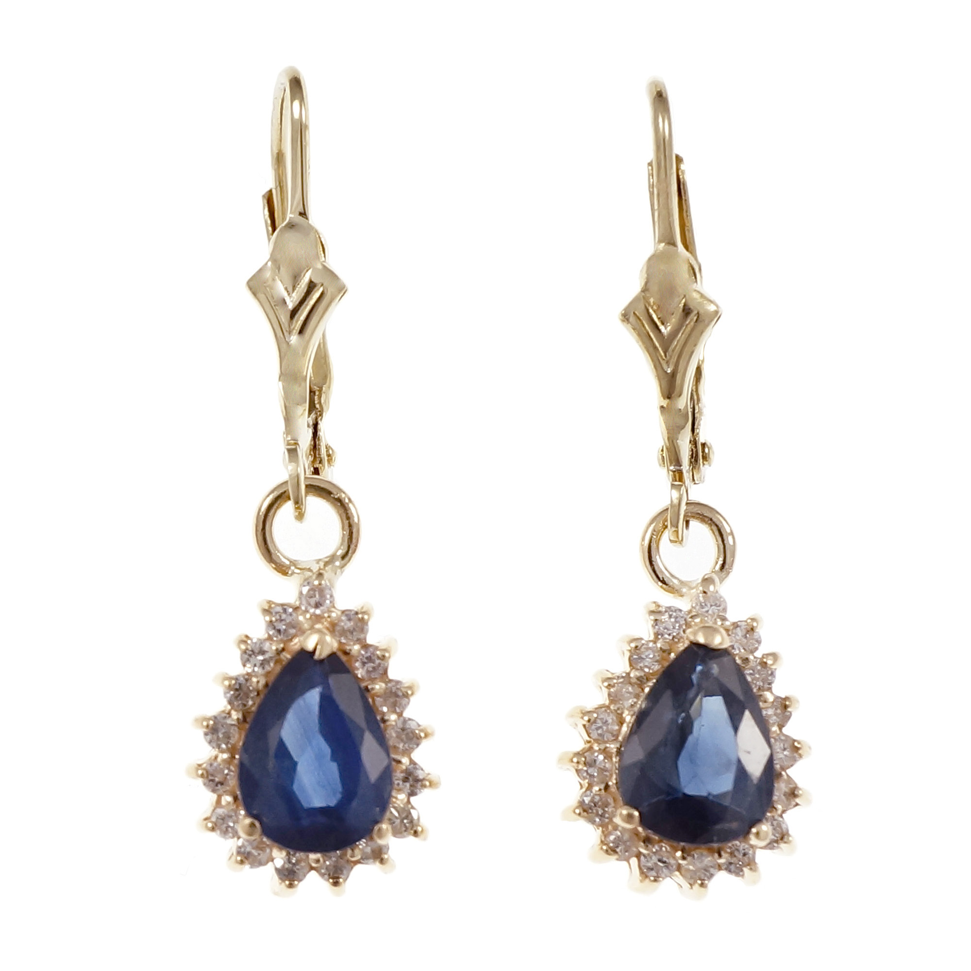 14K Yellow Gold Sapphire Diamond Halo Dangle Earrings 