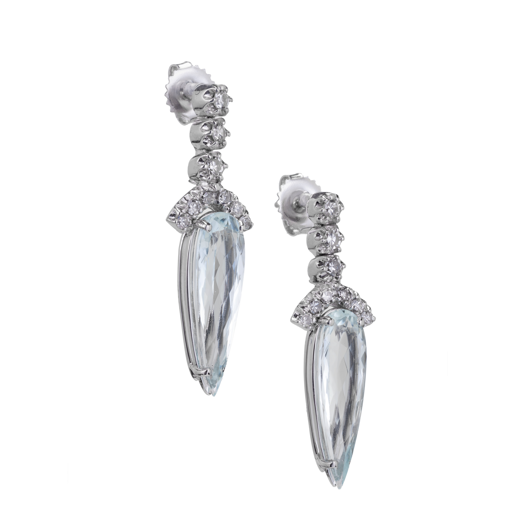 14K White Gold Diamond Pear Aquamarine Dangle Earrings 