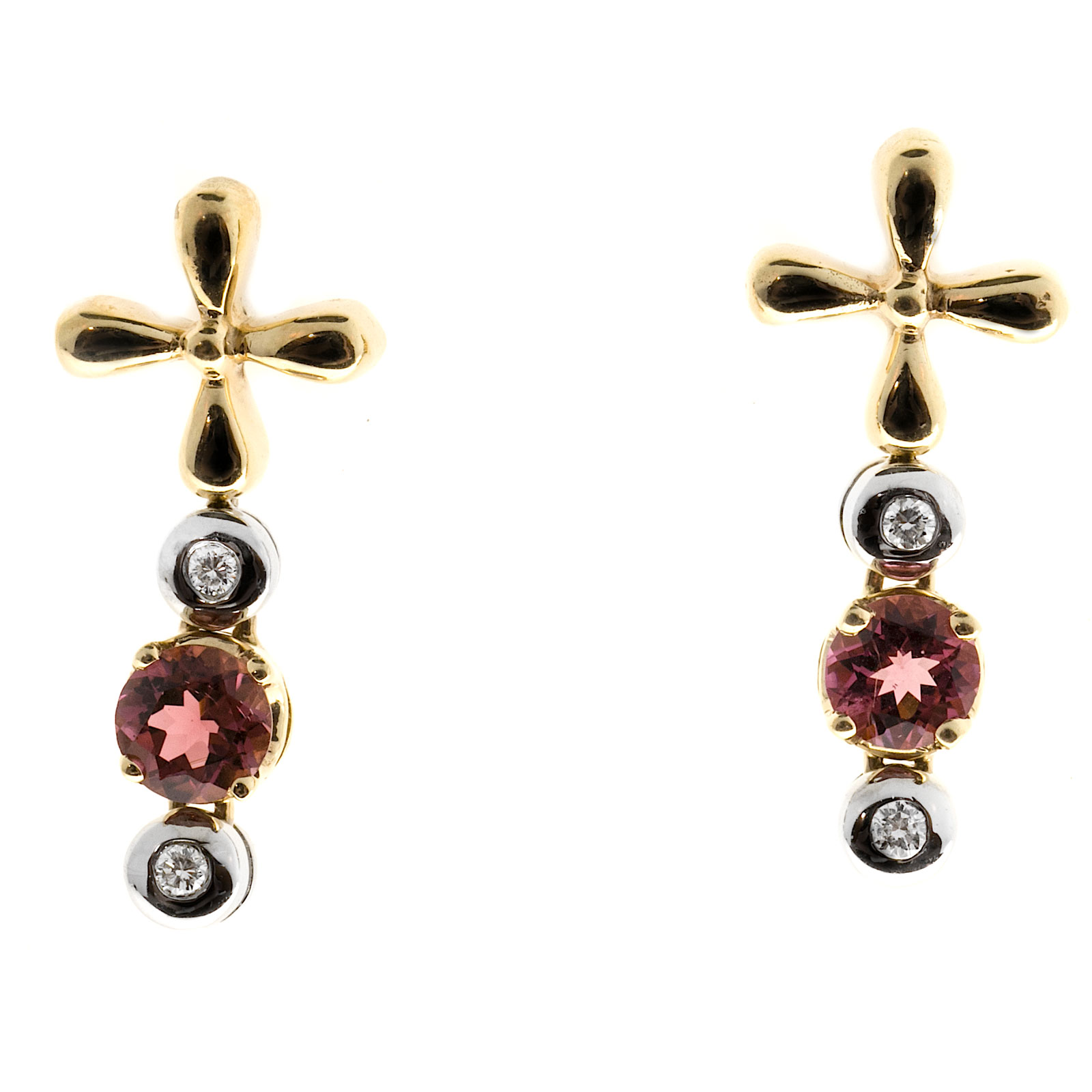 14K Yellow  White Gold 1.50ct Pink Tourmaline  0.20cts Diamond Hinged Dangle Earrings