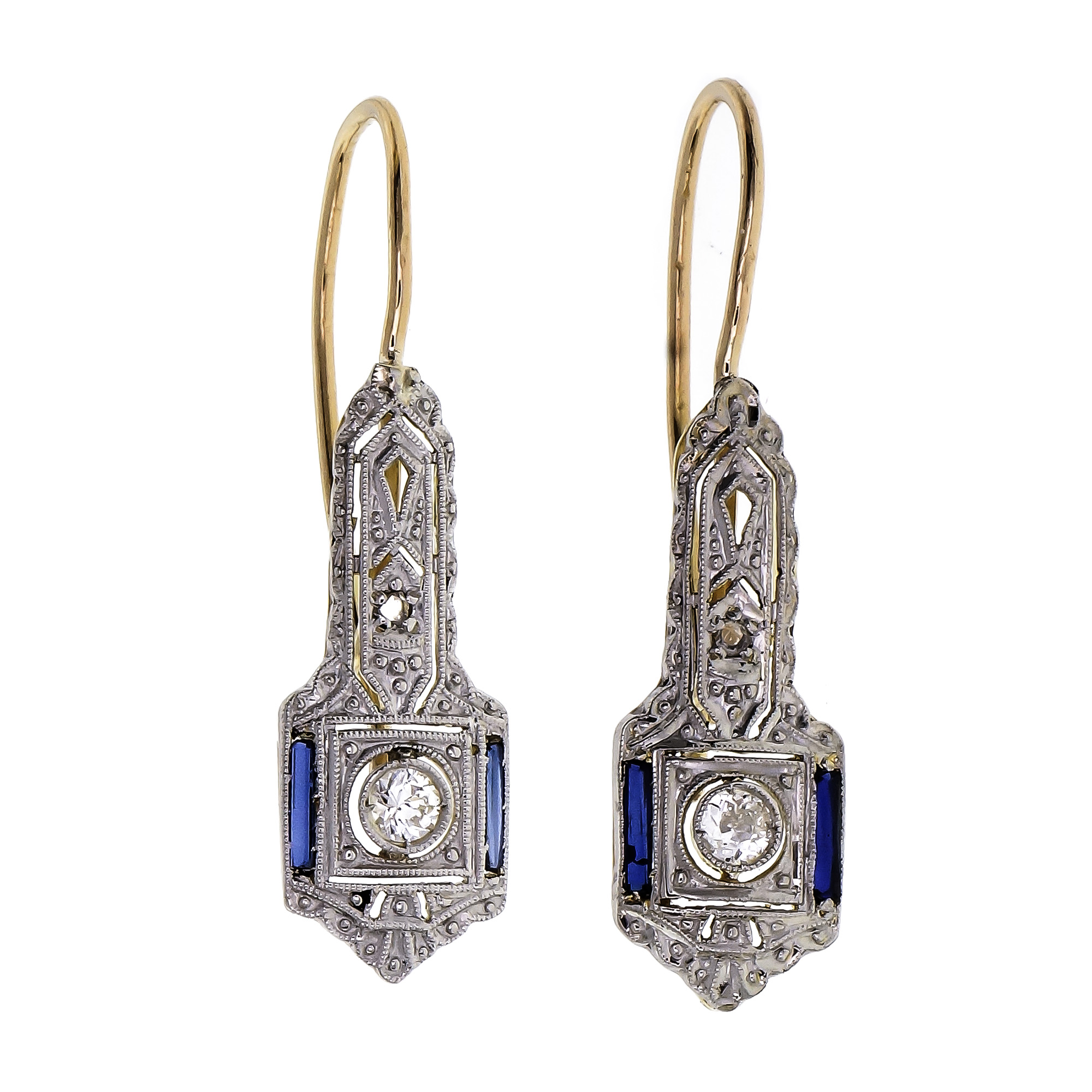 Vintage 1910 Sapphire Old European Cut Diamond Earrings Platinum Top