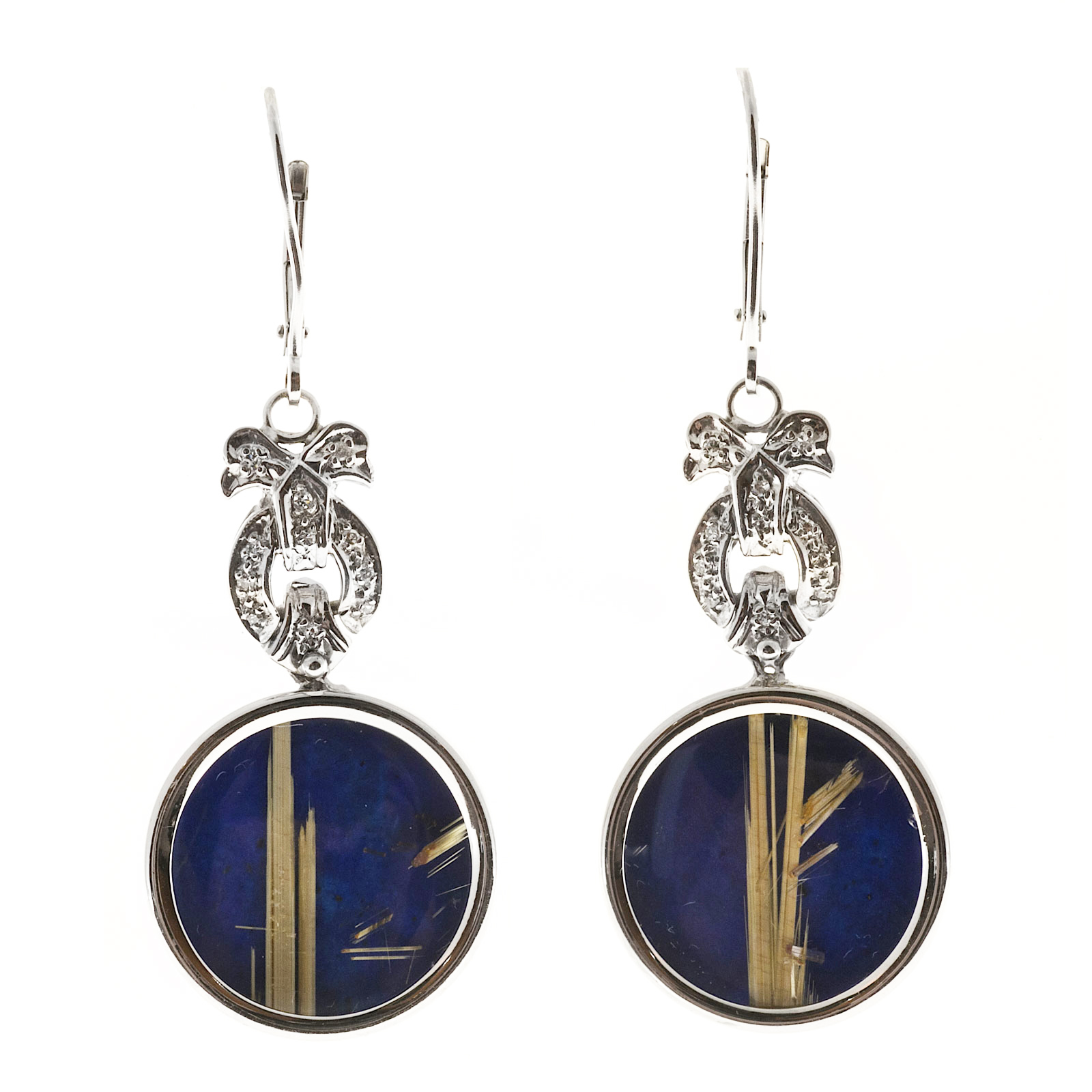 Vintage Art Deco 14K White Gold Rutile Quartz, Diamonds  Lapis Euro Wire Bow Motif Dangle Earrings