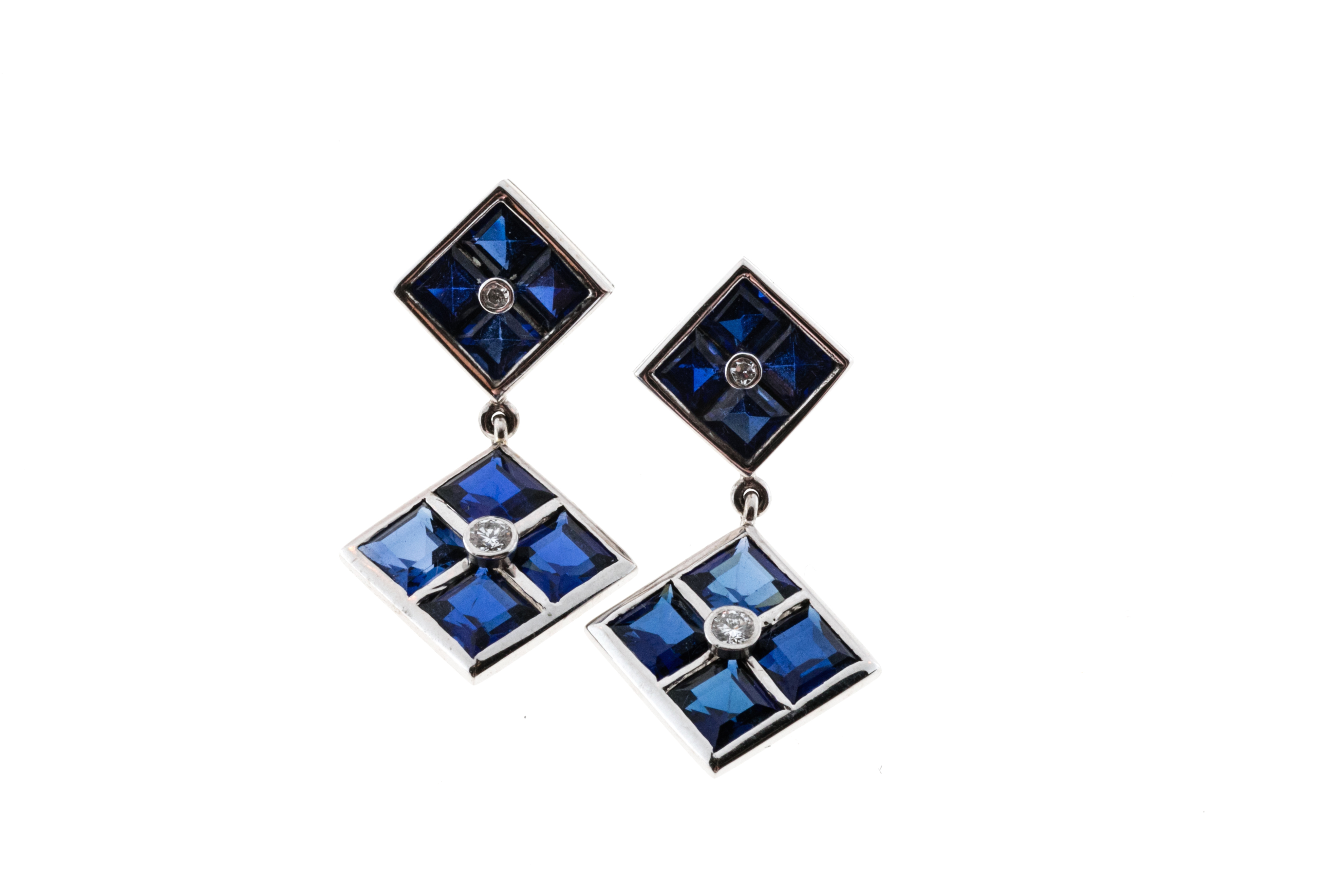 Art Deco 14K White Gold Synthetic Sapphire and Diamond Dangle Earrings