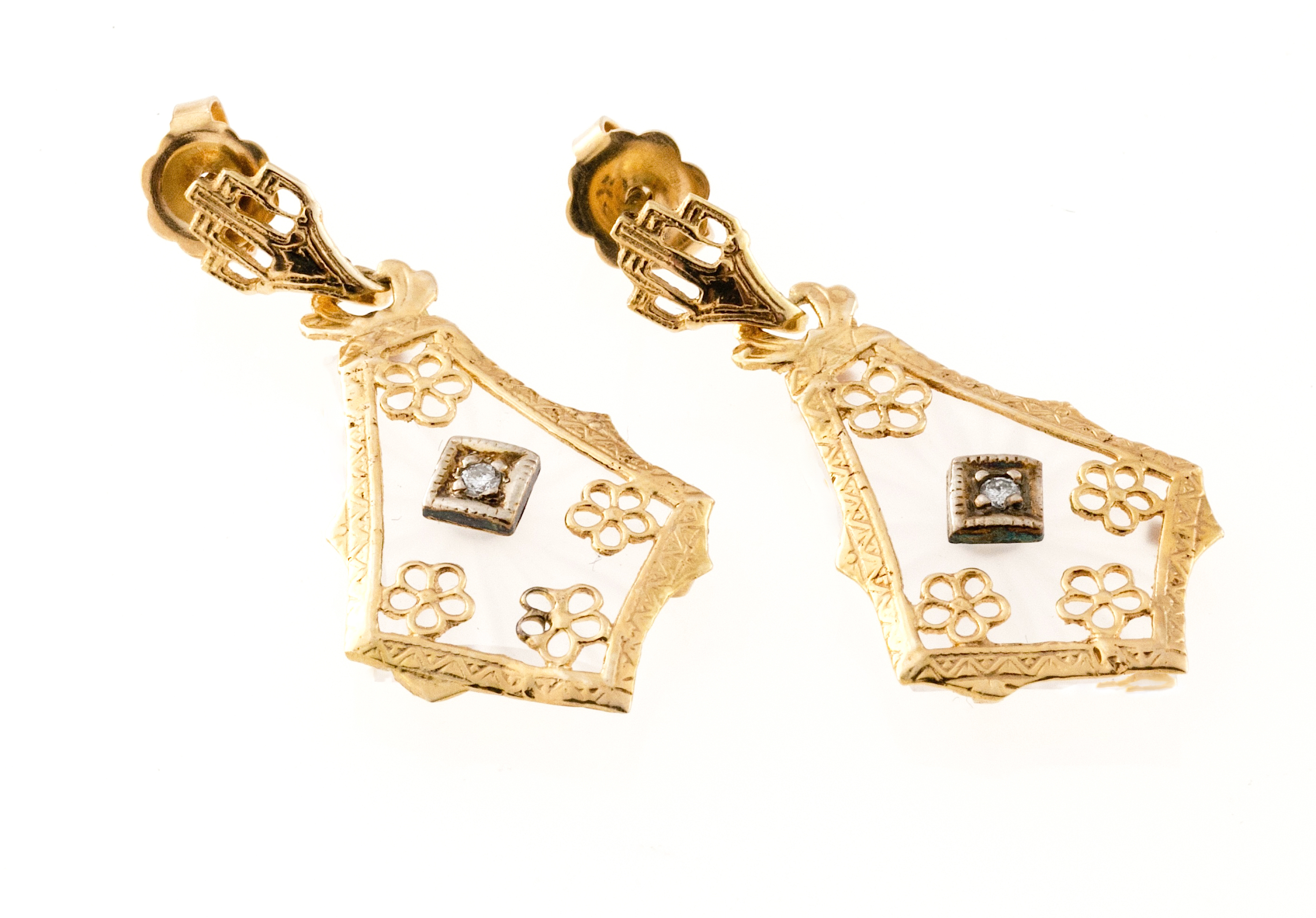 14K Yellow Gold Crystal Diamond Dangle Earrings
