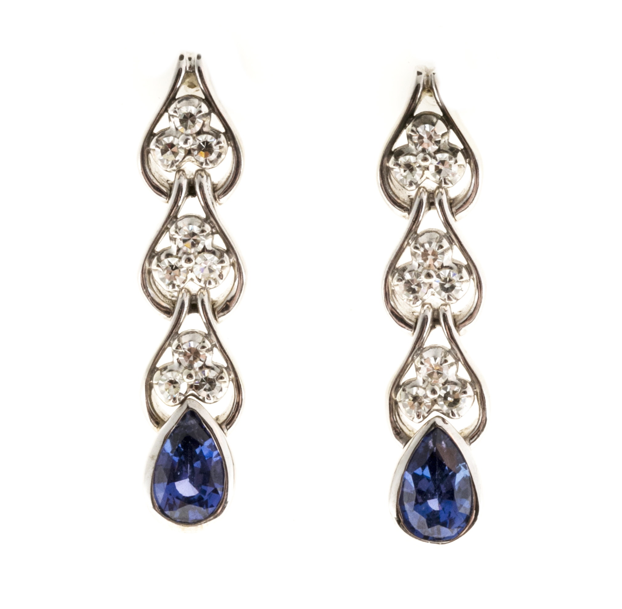 14K White Gold Sapphire  Diamond Dangle Earrings