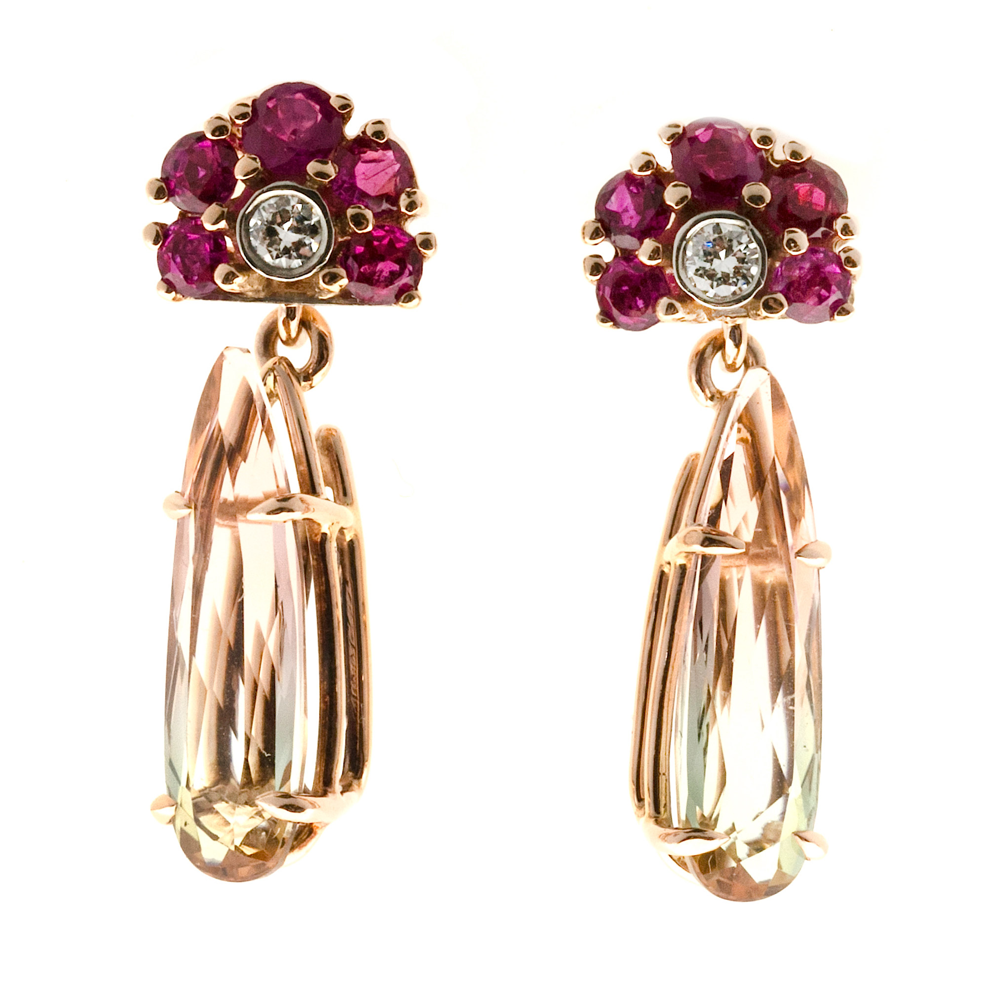 14K Rose Gold 4.43ct Bi Color Tourmaline, Ruby  Diamond Earrings