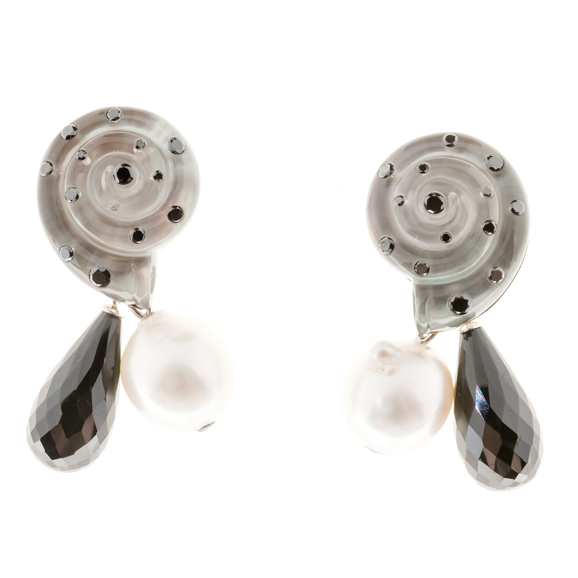 Vintage 14K White Gold with 0.50ct Diamond, Spinel Pearl  Onyx Crystal Shell Earrings 
