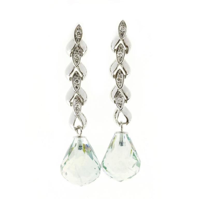 14K White Gold 24ct Green Briolette Quartz Dangle Earrings