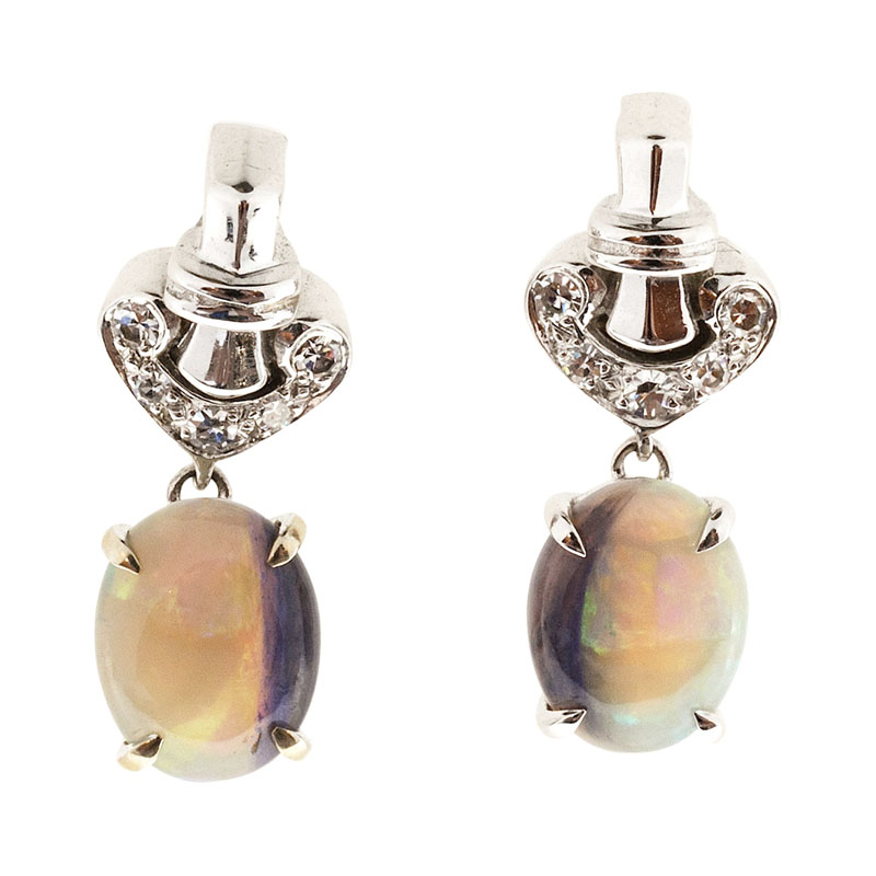 Vintage Art Deco 14K White Gold with 2.50ct Opal  0.10ct of Diamond Dangle Earrings