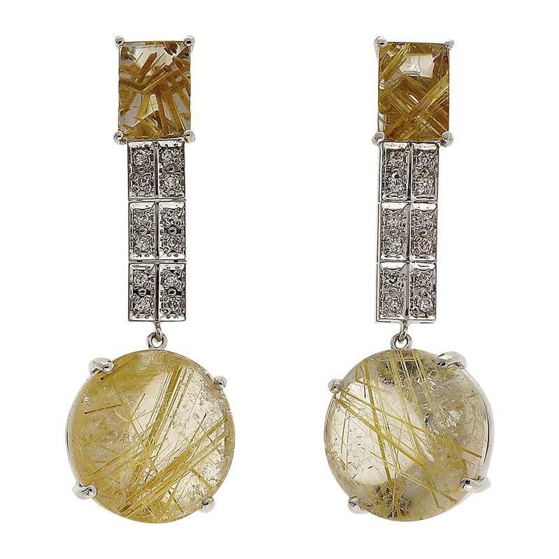 14K White Gold Natural 20.05ct Quartz Golden Rutile and 0.15cts Diamonds Dangle Earrings