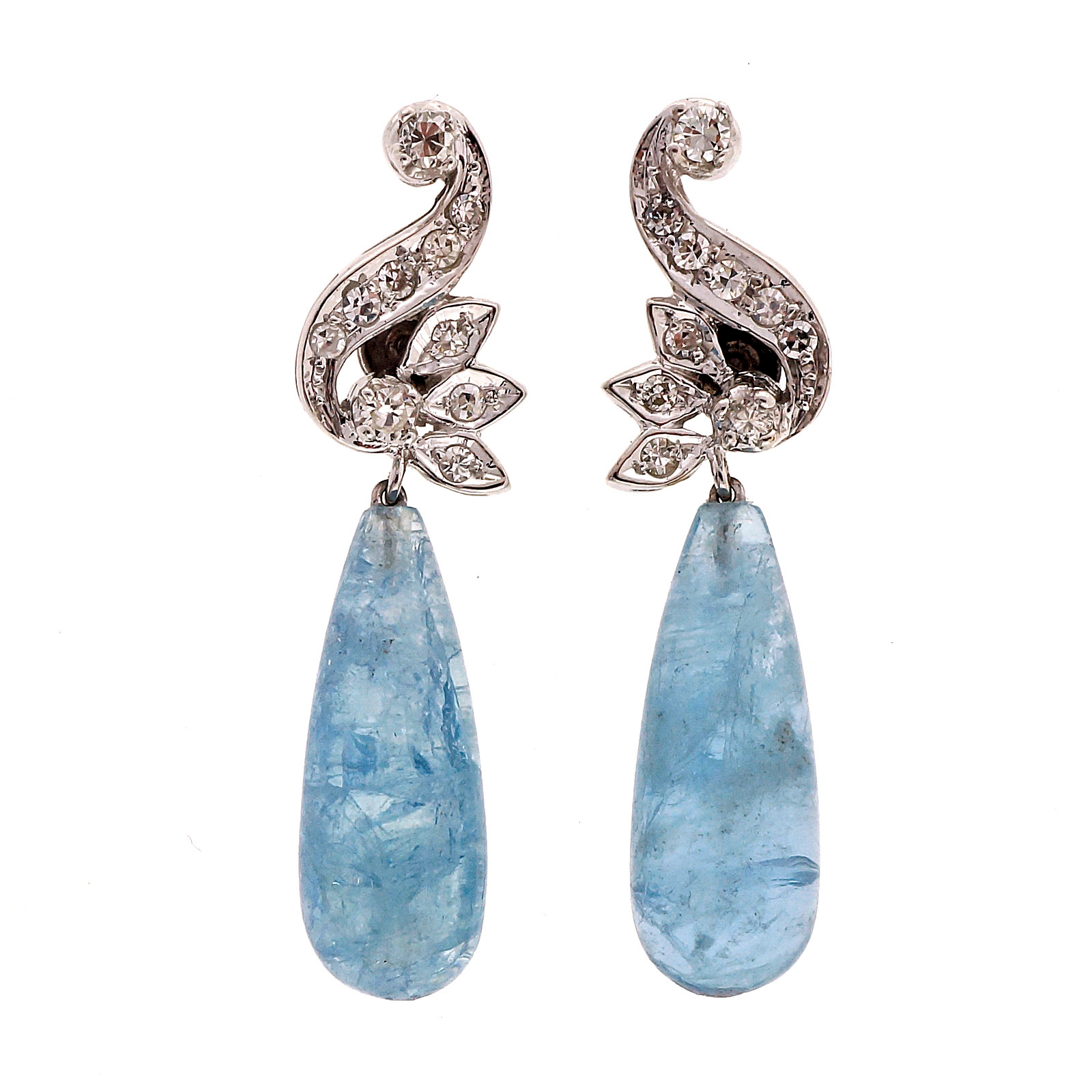 14K White Gold 17.00ct Tear Drop Aquamarine  0.26ct Diamond Dangle Earrings