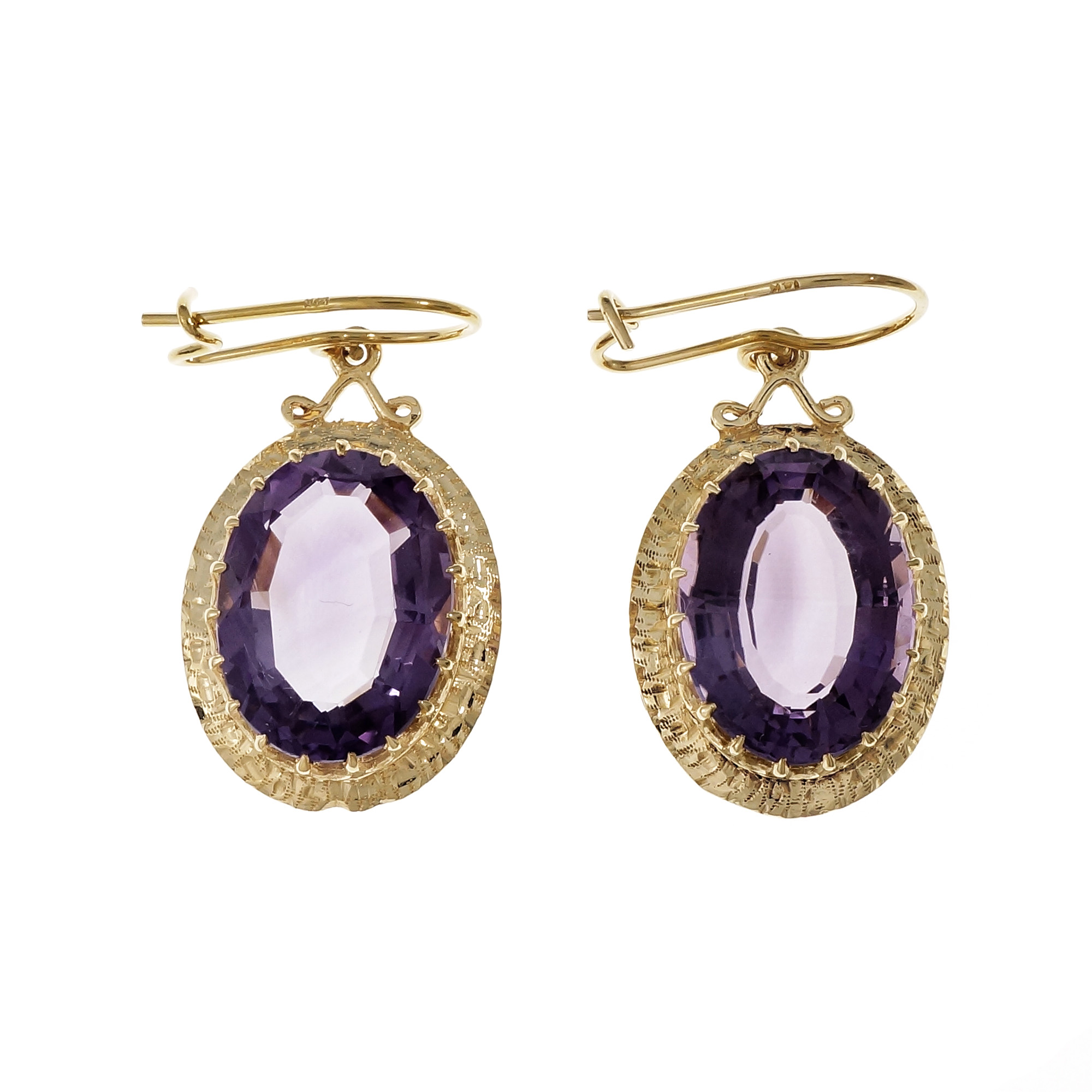14K Yellow Gold Purple Oval Amethyst Dangle Earrings 