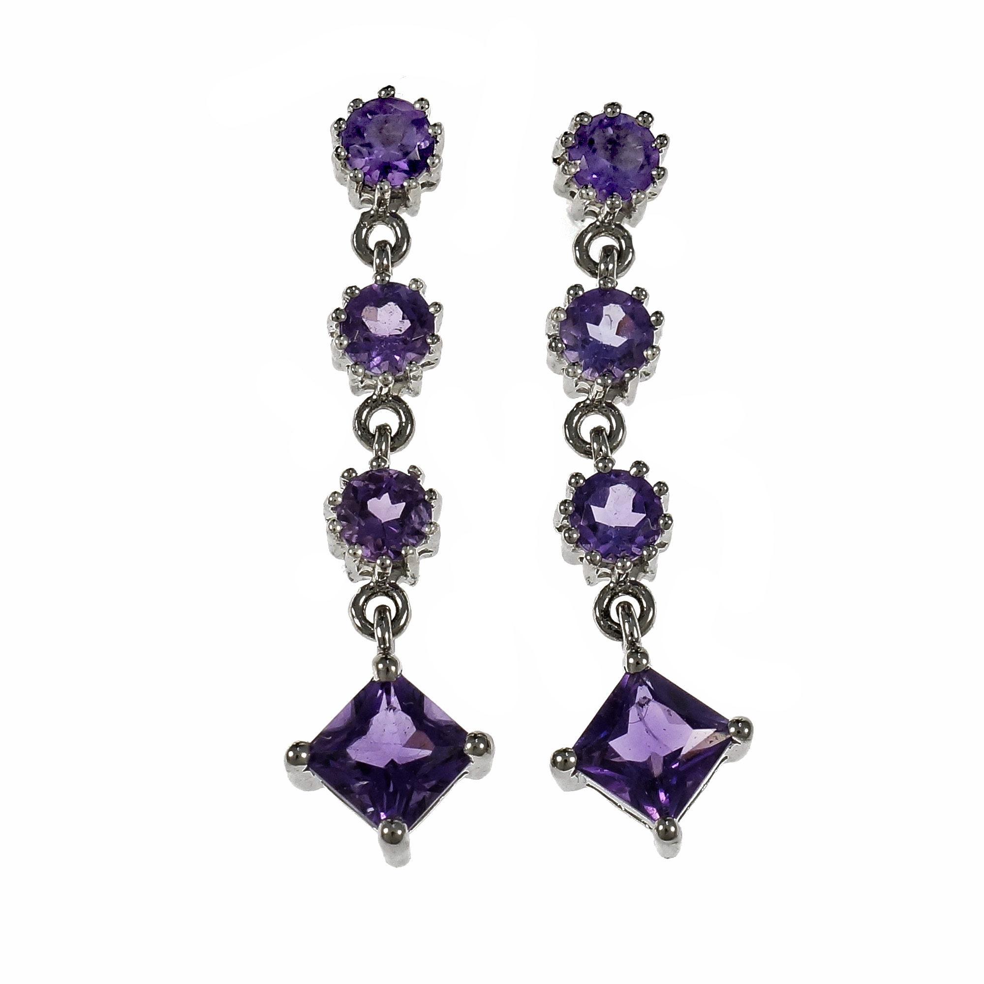 18K White Gold Amethyst Square  Round Amethyst Dangle Earrings 