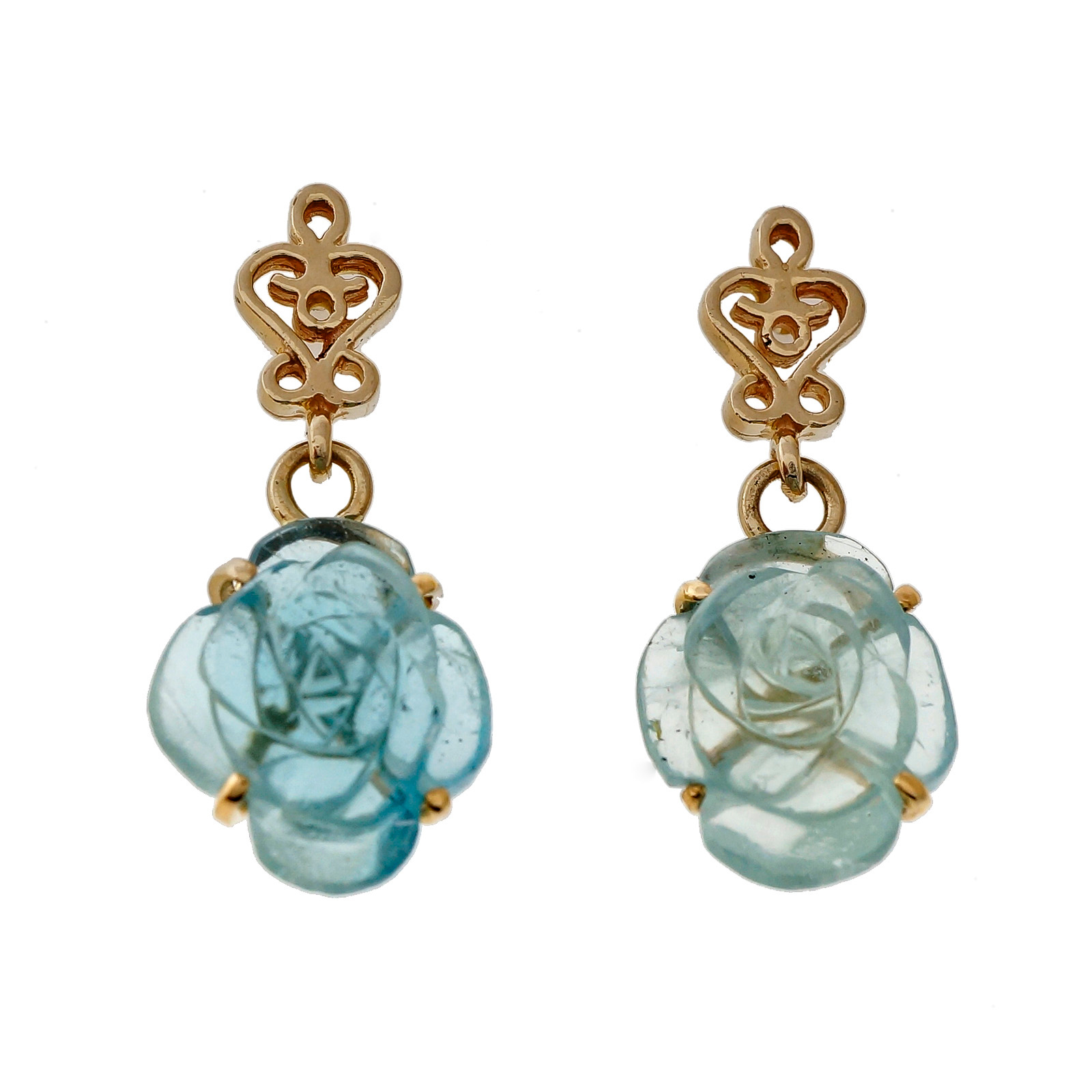 14K Yellow Gold with 4.00ct Aquamarine Flower Dangle Earrings