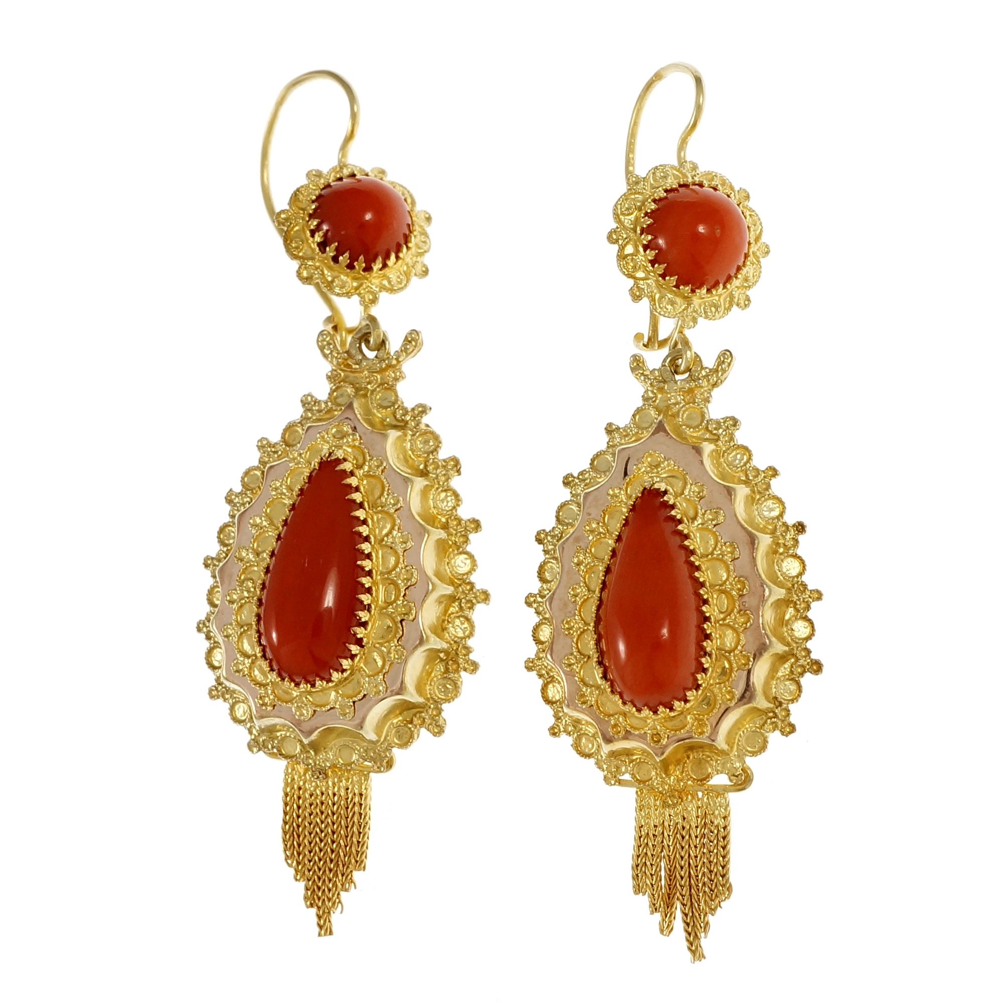 14K Yellow  Rose Gold Orange Coral Dangle Earrings 
