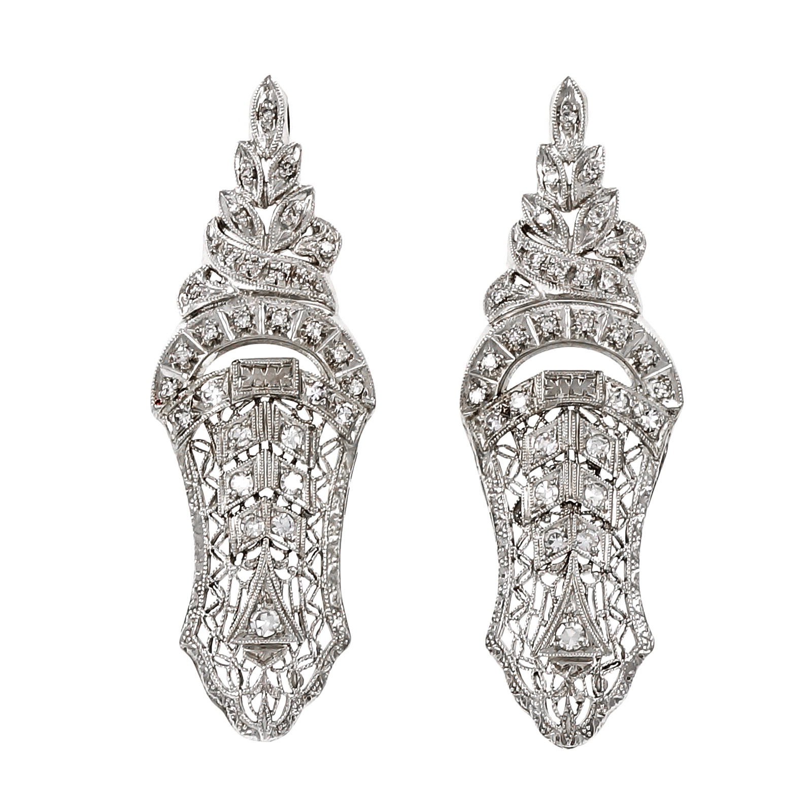 14K White Gold and Diamond Open Work Drop Earrings