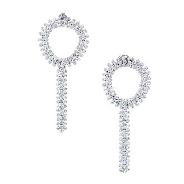 14K White Gold Diamond Flexible Circle Dangle Earrings 