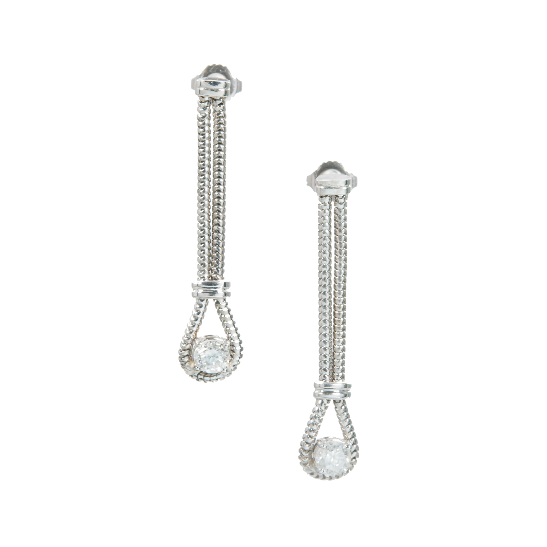14K White Gold 0.73ct Diamond 2 Row Snake Chain Dangle Earrings 