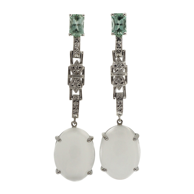 Art Deco Vintage 14K White Gold Sea Foam Aqua Beryl and Moonstone Earrings