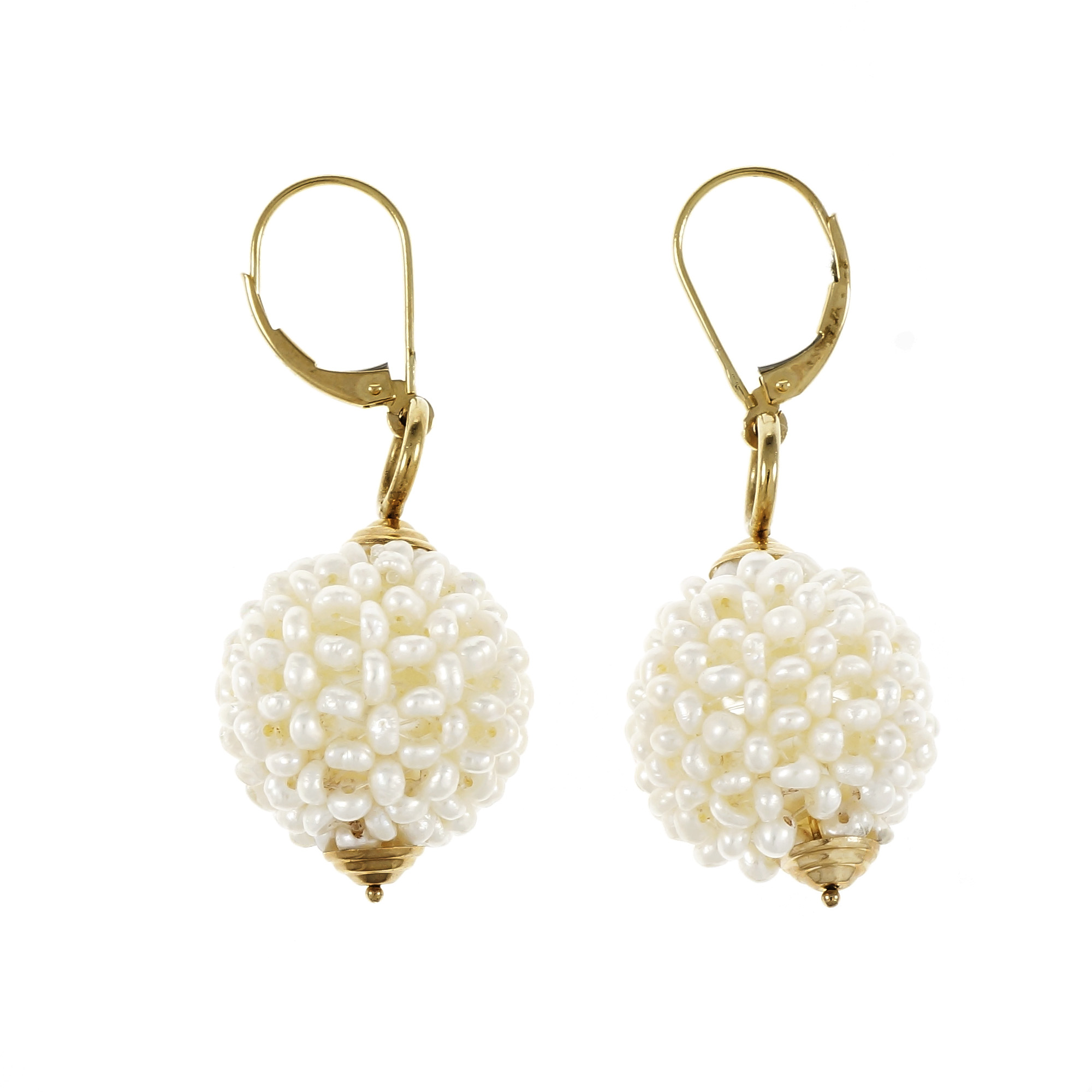 14K Yellow Gold Freshwater Pearl Ball Dangle Earrings 