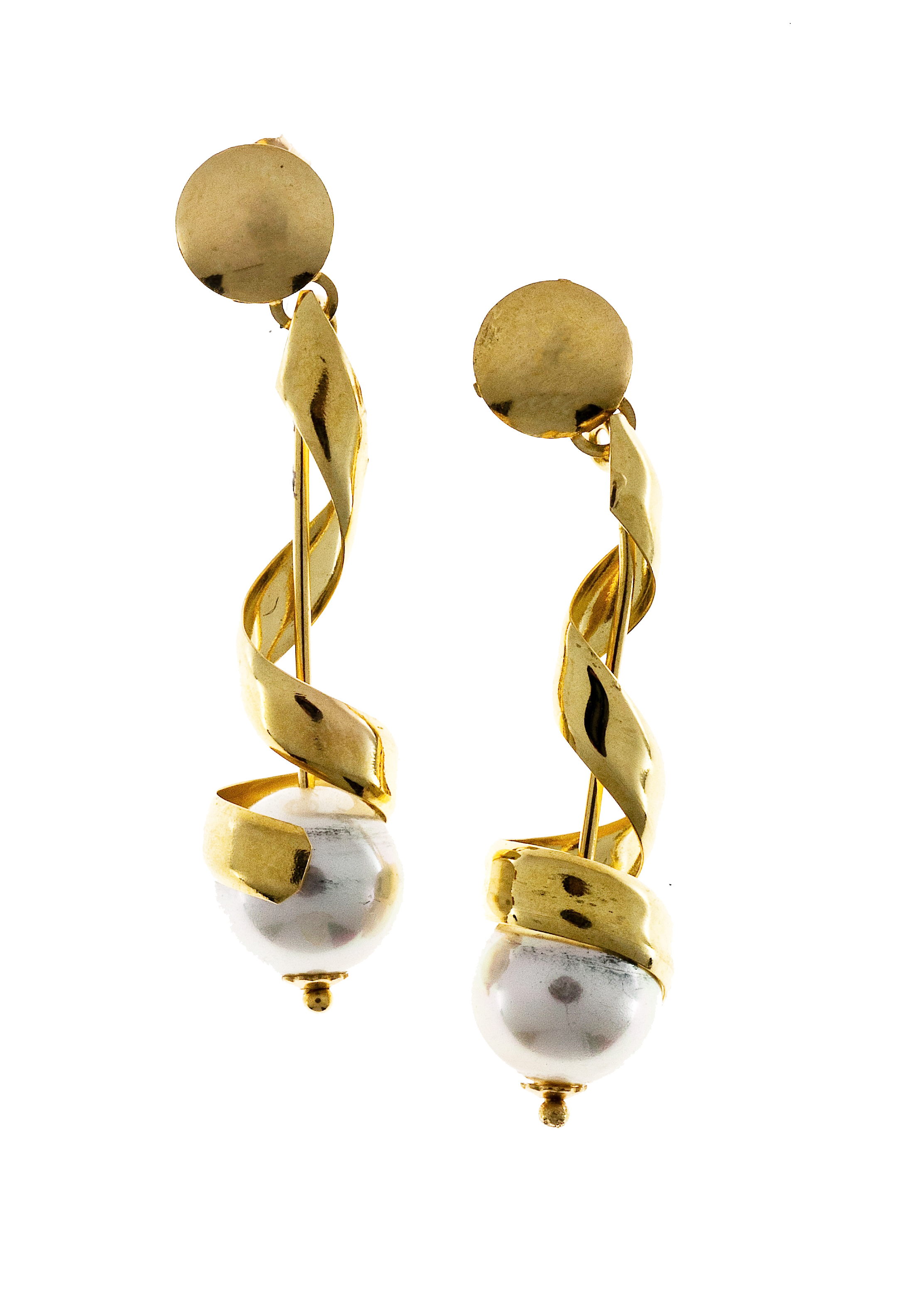 Vintage 14K Yellow Gold and Cultured Pearl Swirl Dangle Earrings