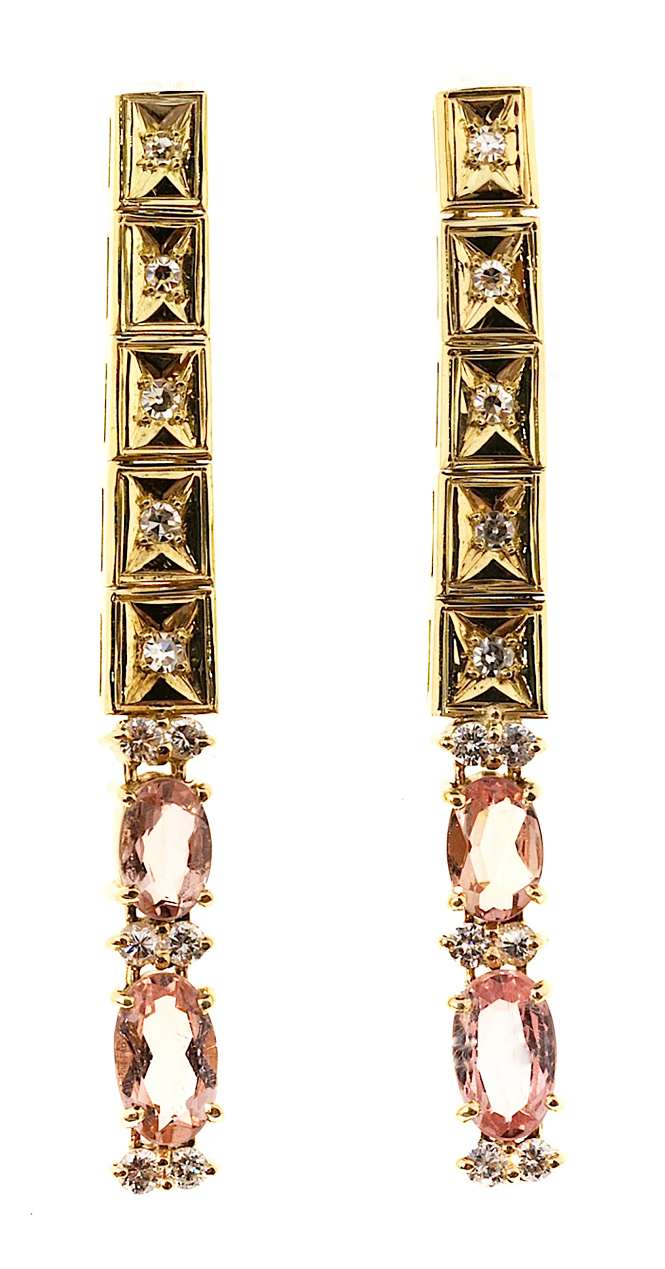 18K Yellow Gold 3.0cts Pink Topaz  0.45ct Diamond Dangle Earrings