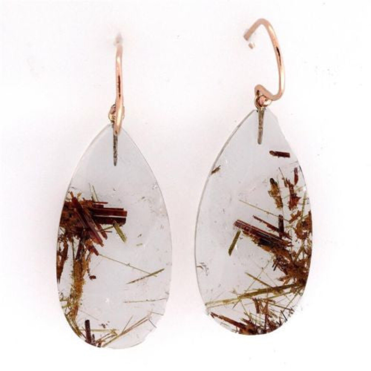 Rare Quartz Crystal 45.50ct Copper Rutile 18k Rose Gold Dangle Earrings