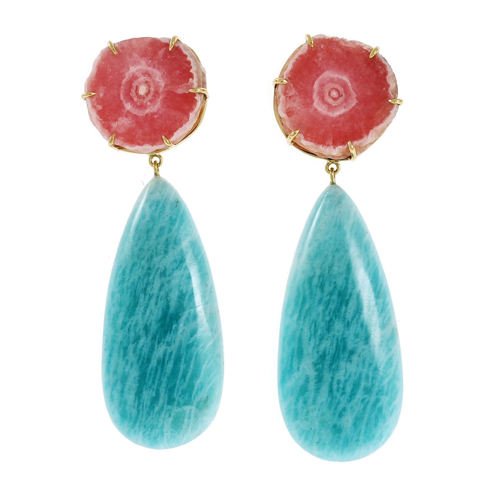 14K  18K Yellow Gold Amazonite Rhodochrosite Crystal Dangle Earrings 