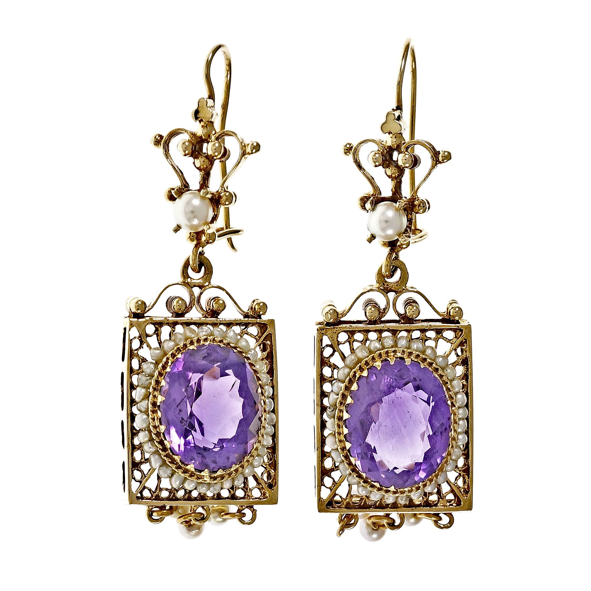 14K Yellow Gold Amethyst Pearl Dangle Earrings 