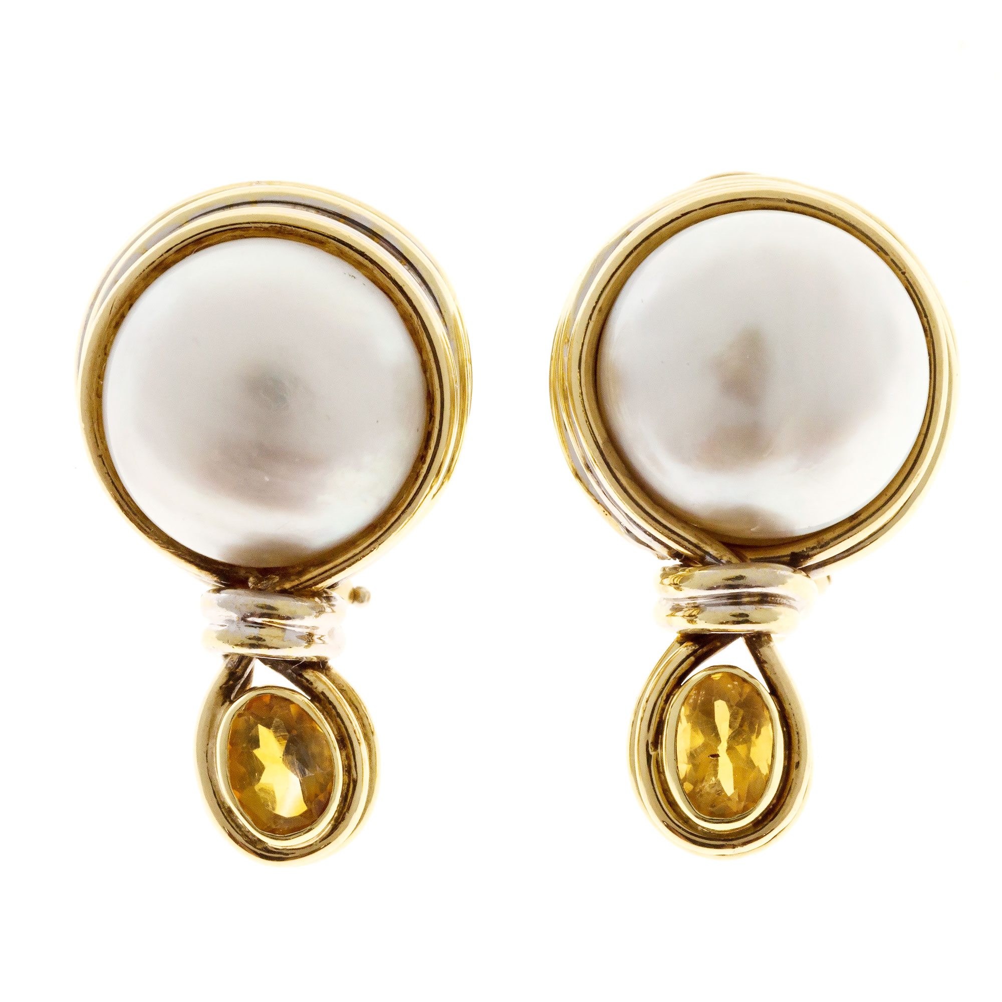 Vintage R Cipullo 18K Yellow and White Gold Mobe Pearl  Citrine Earrings