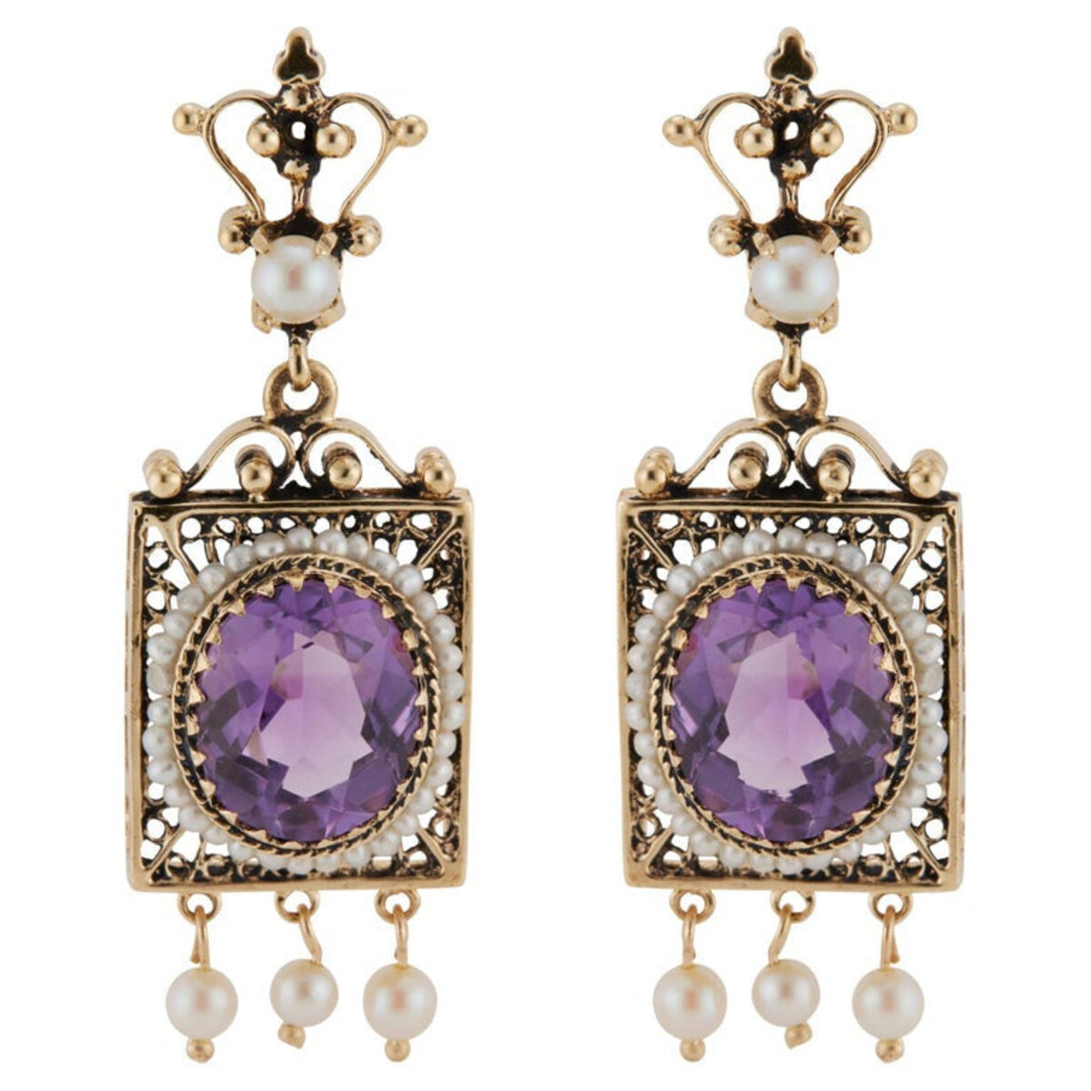 Vintage 9.00CT Oval Amethyst Pearl 1940 14K Gold Cultured Pearl Dangle Earrings