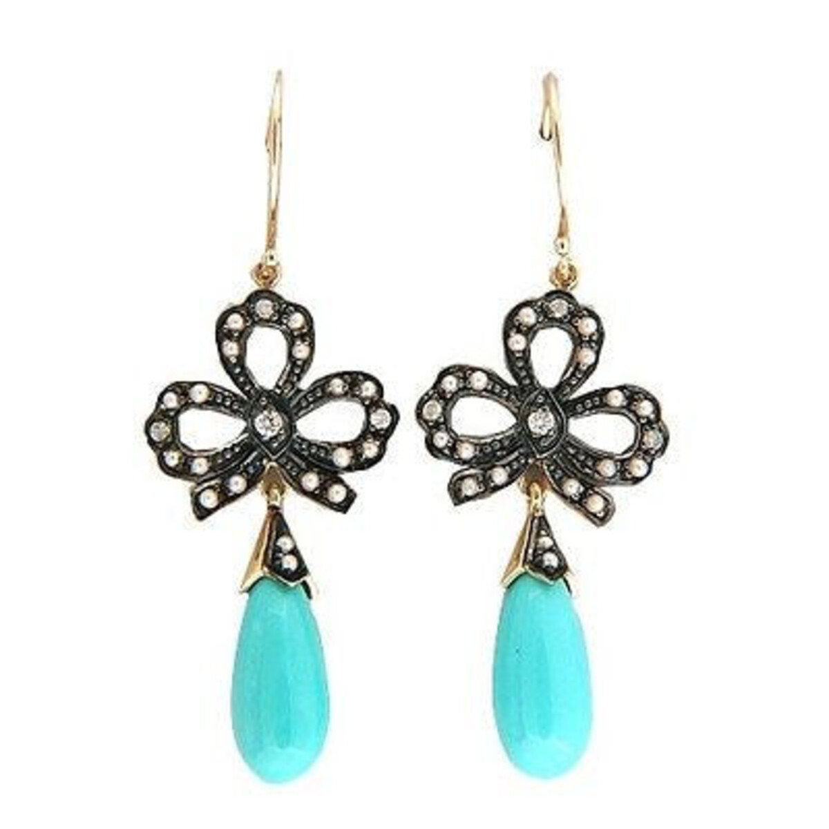 Vintage 9K Turquoise Dangle 40 Pearl 6 Round Diamond Bow Earrings