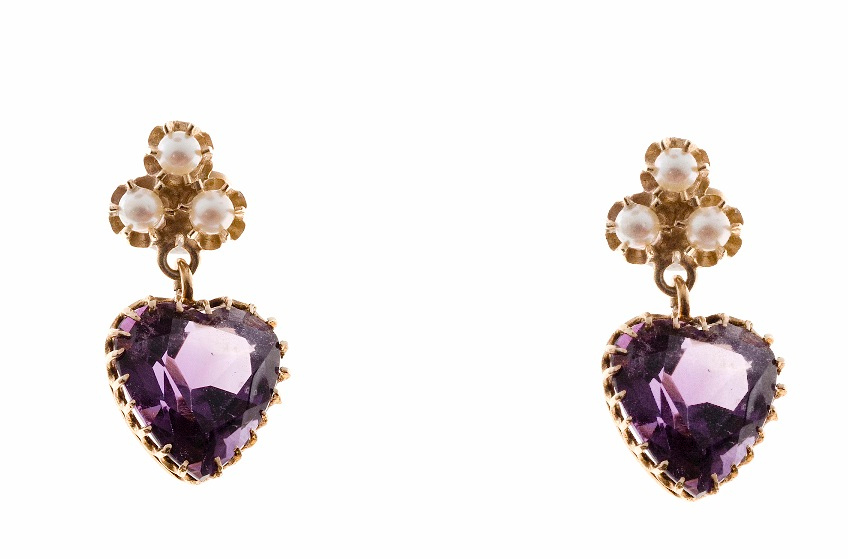 14K Yellow Gold Pearl  Amethyst Heart Dangle Earrings