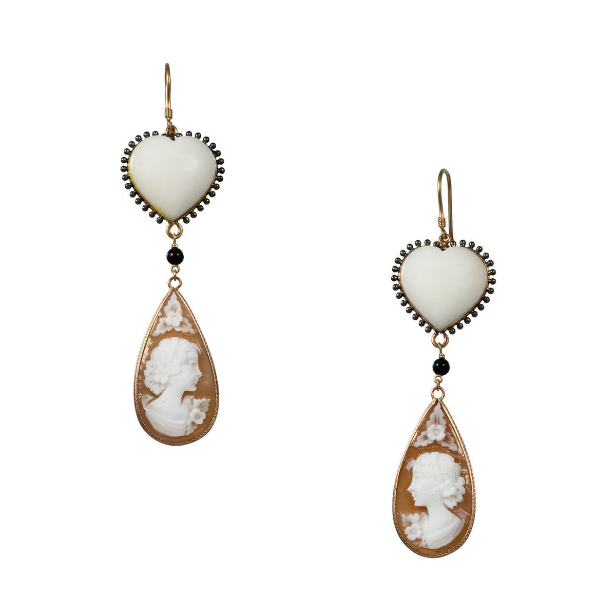Vintage Heart Angel Skin Coral and Carved Cameo 9k Yellow Gold Dangle Earrings