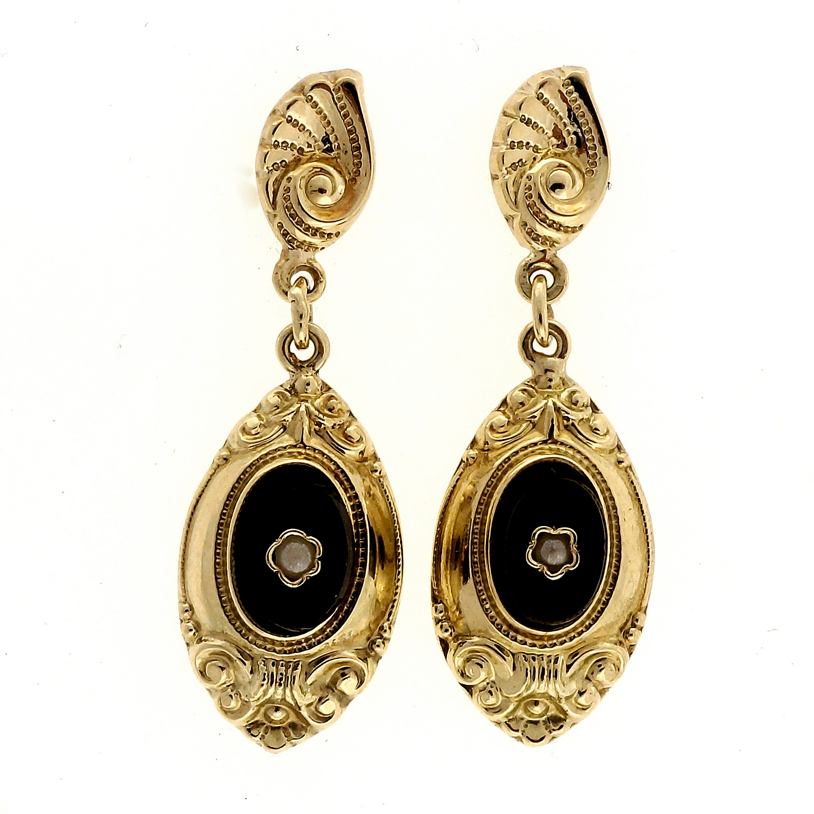 Vintage 14K Yellow Gold Black Onyx  Pearl Dangle Earrings