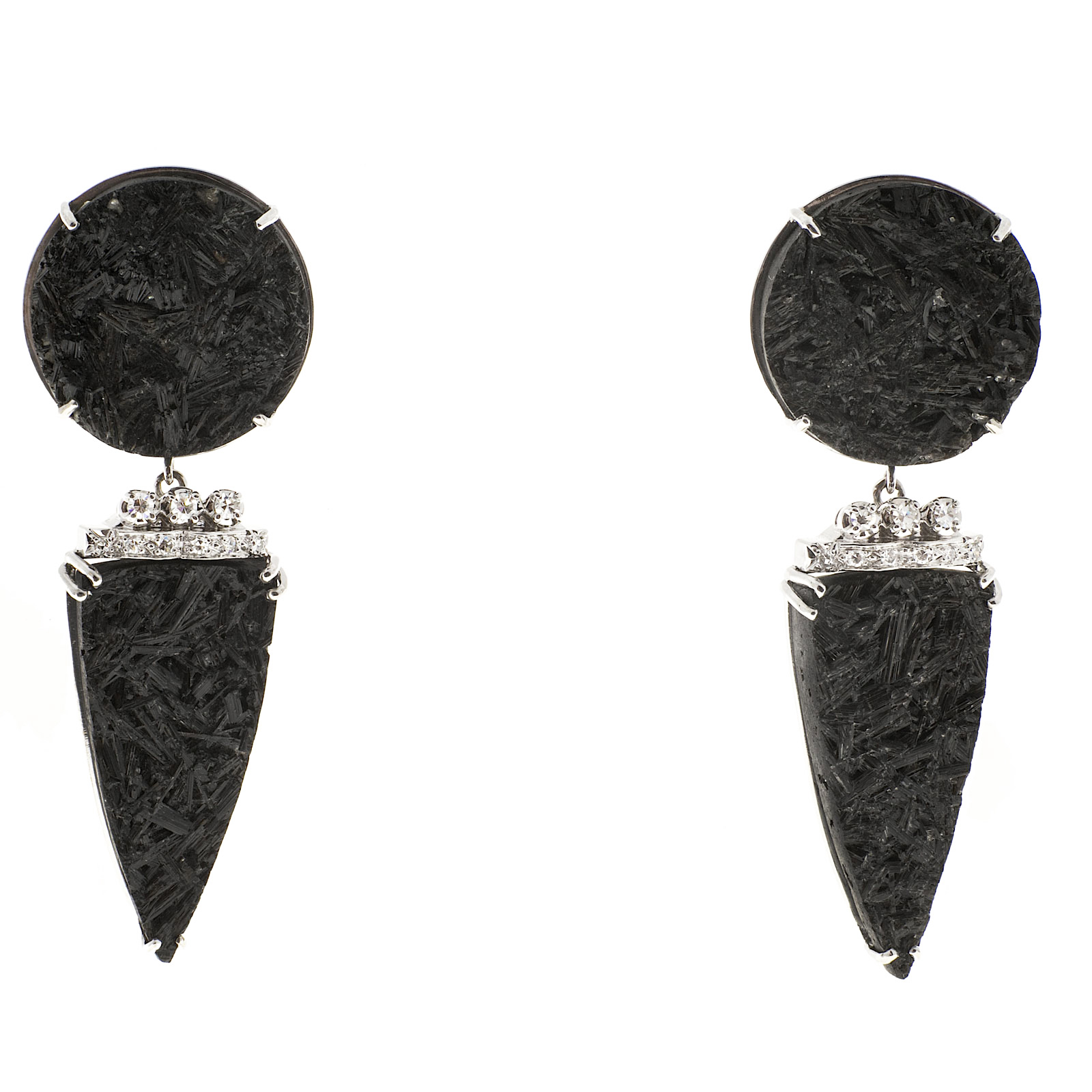 14K White Gold Black Tourmaline Crystal Diamonds Dangle Earrings 